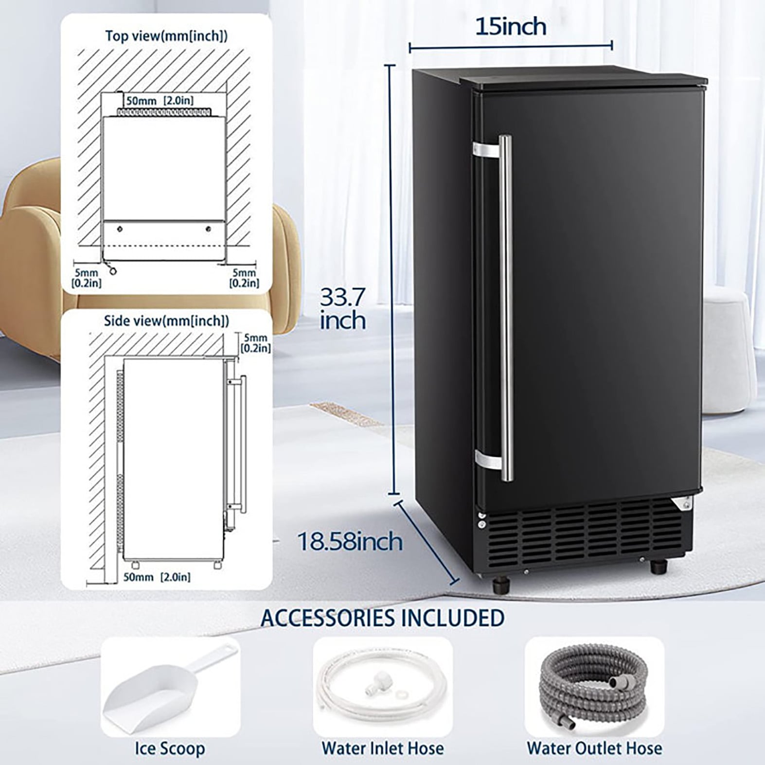 Almacenamiento de hielo de 25 lbs. de capacidad con fabricador de hielo en cubitos de 80 lbs. por día (Negro) Z5836F-NEGRO
