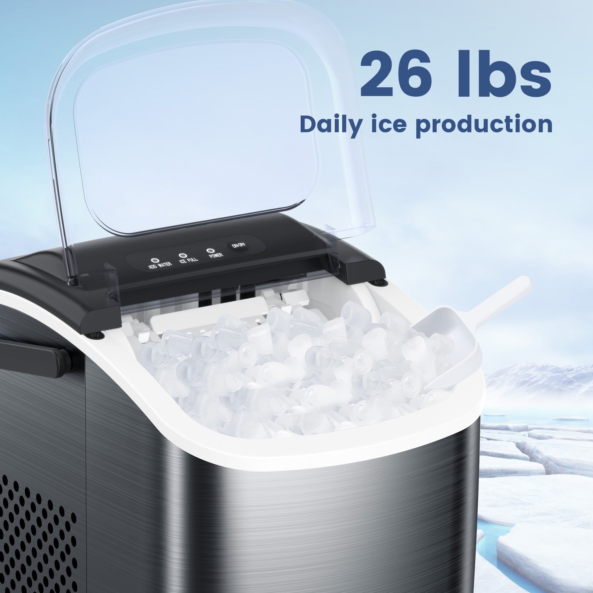 Fabricador de Hielo de Bala de encimera o portátil de Acero Inoxidable Negro que produce 26 libras de hielo al día