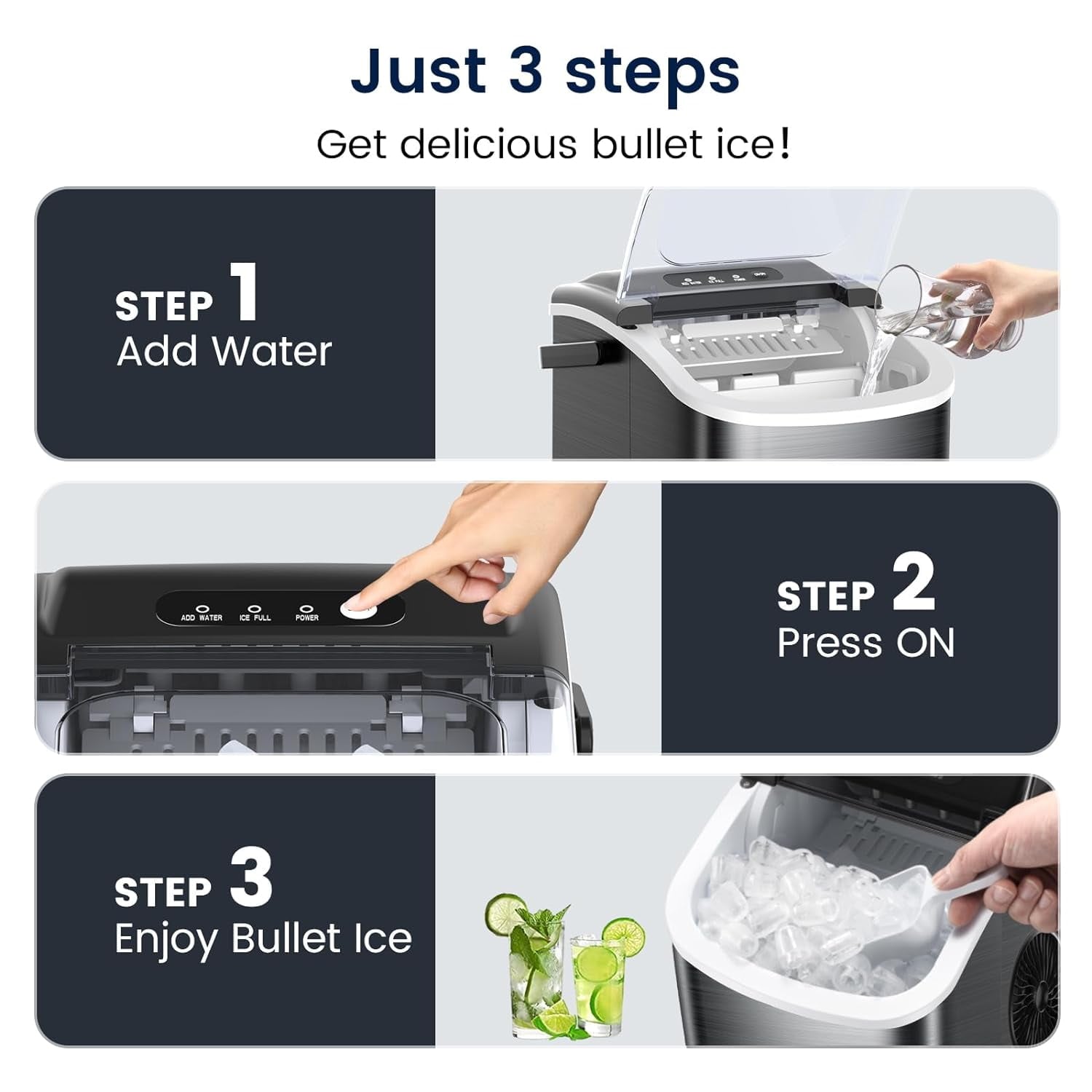 Fabricador de Hielo de Bala de encimera o portátil de Acero Inoxidable Negro que produce 26 libras de hielo al día