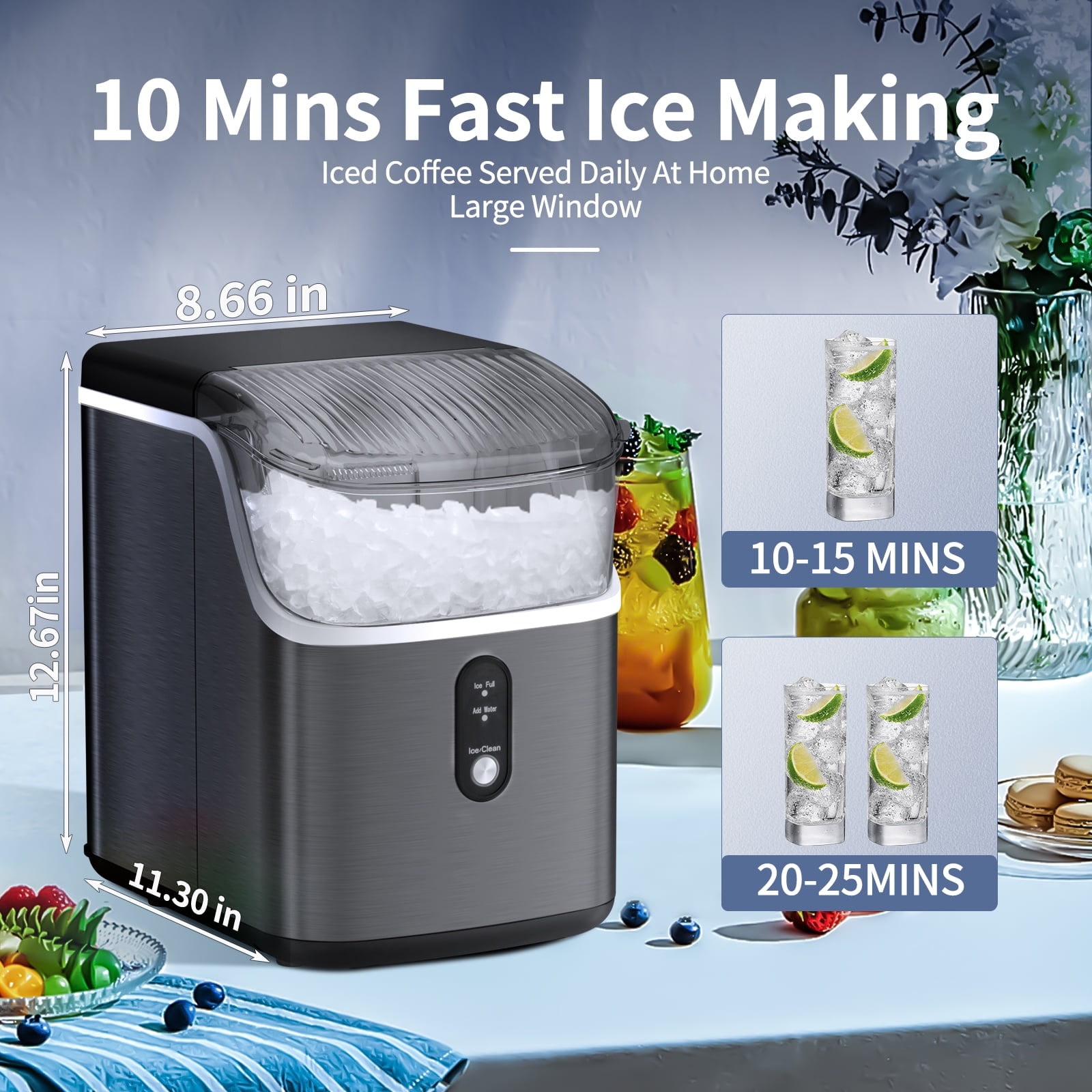 Fabricador de Hielo en Nugget de 33 libras por día para Mesa o Portátil (Acero Inoxidable Negro)