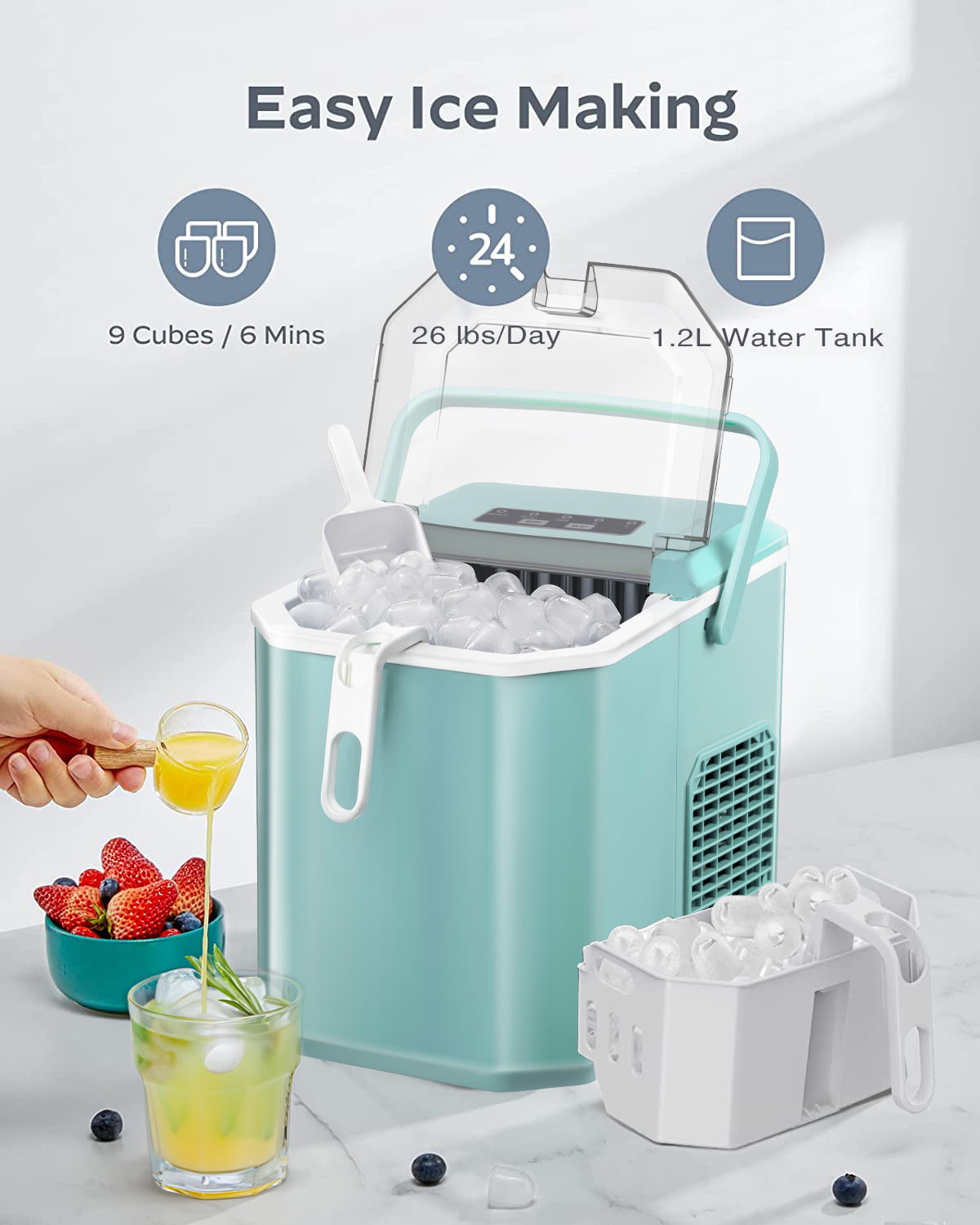 Máquina para hacer hielo tipo balín de encimera o portátil que produce 26 libras de hielo al día (verde)