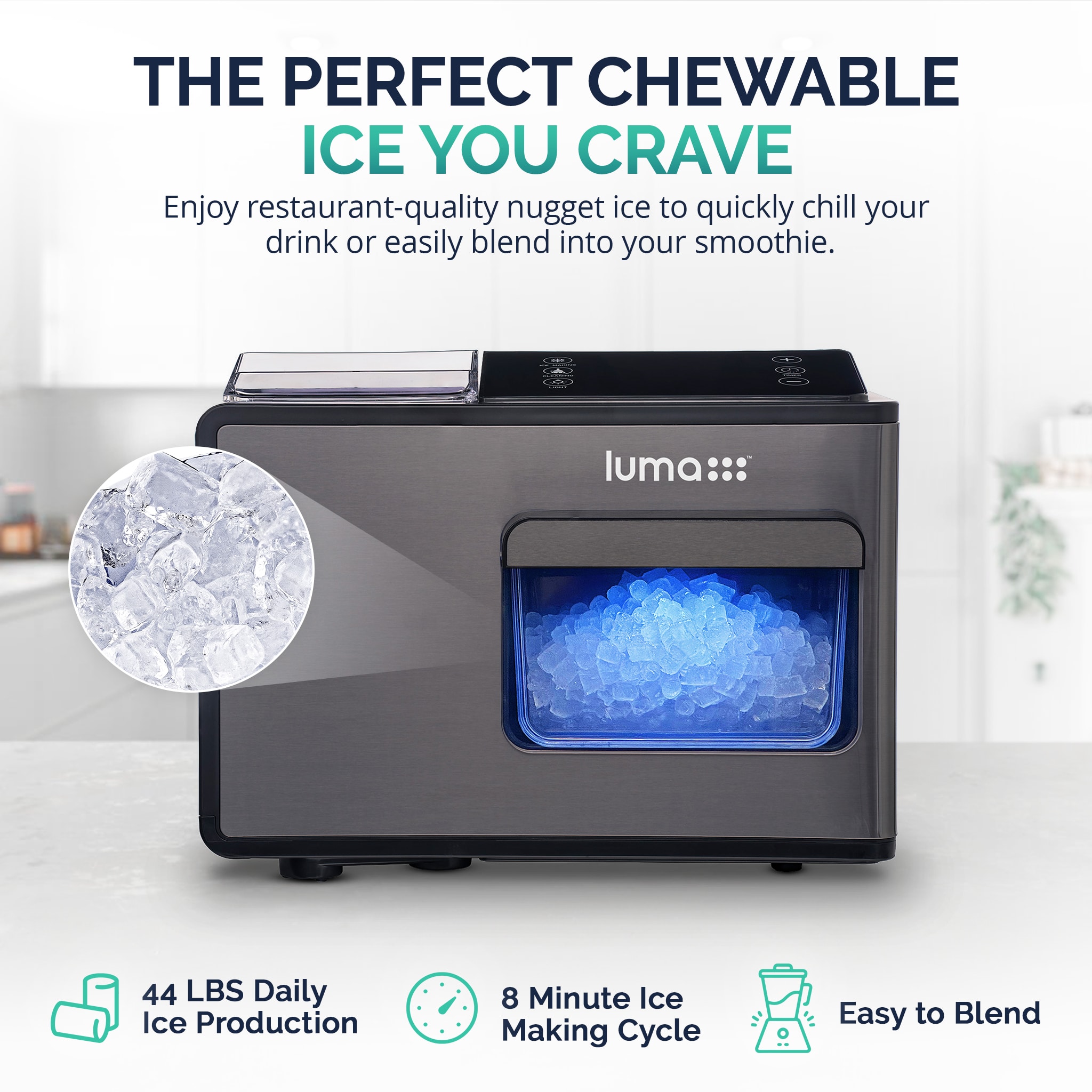 Fabricador de hielo de hielo tipo pepita de 44 libras por día de Luma Comfort (Negro)