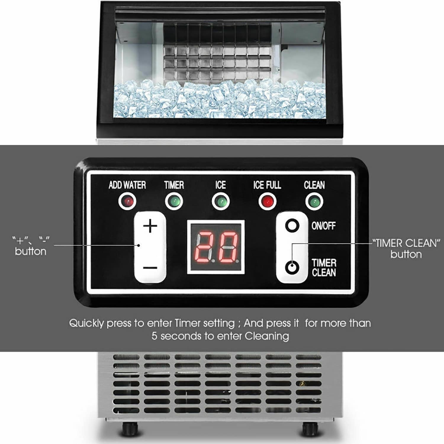 Máquina de hielo comercial portátil de acero inoxidable integrada GZMR, produce 110 libras de hielo al día, para colocarse de pie o empotrarse (acero inoxidable) GM-EP21967