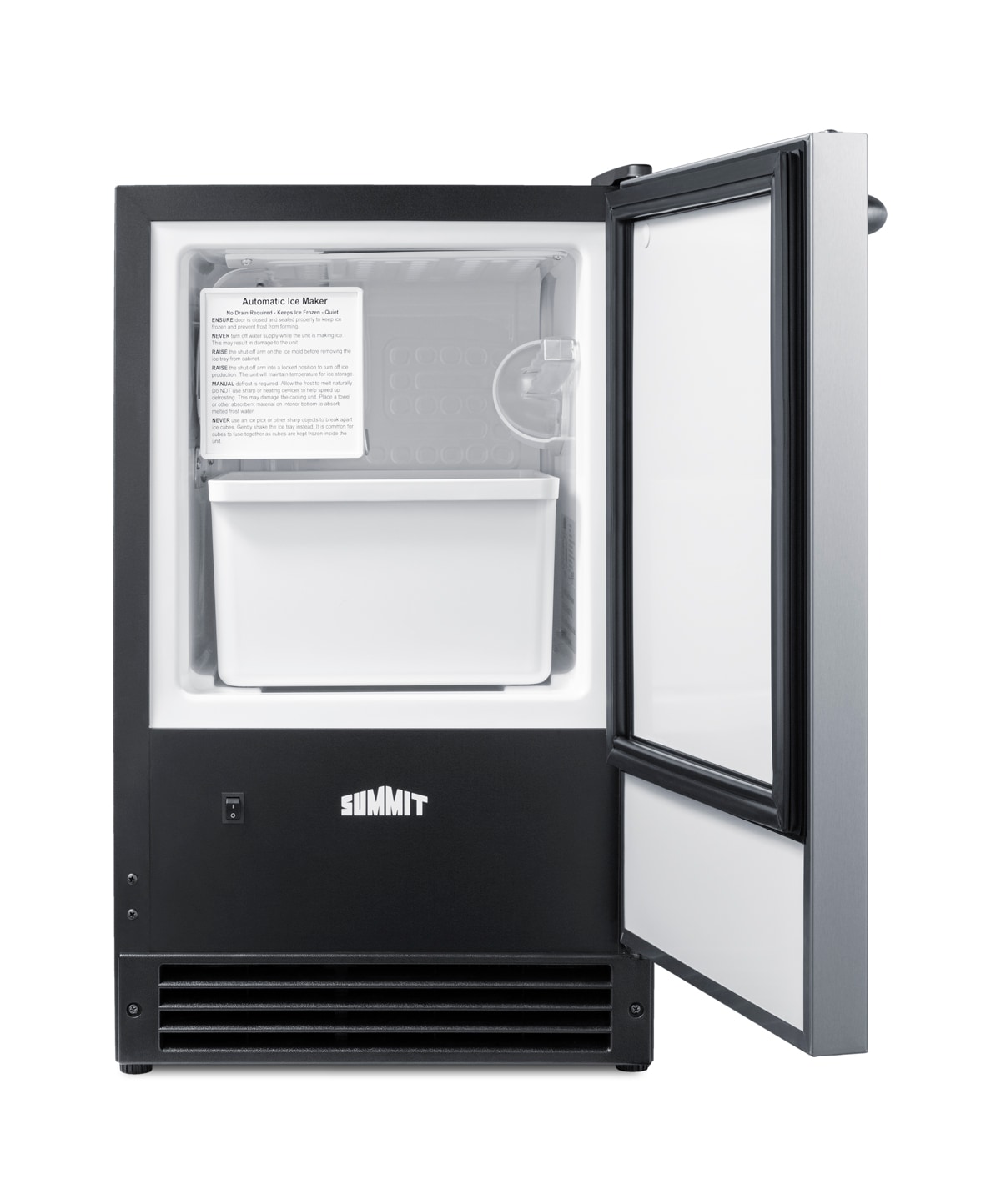 Máquina de hielo incorporada Summit Appliance de 15 libras por día con forma de media luna (puerta de acero inoxidable y gabinete negro) BIM26