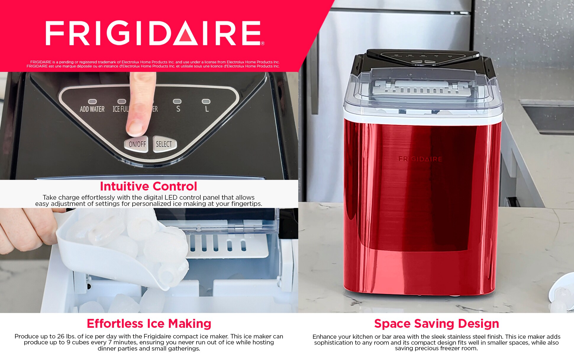Fabricador de hielo tipo bala Frigidaire de 26 libras por día (Acero inoxidable) EFIC123-SSRED