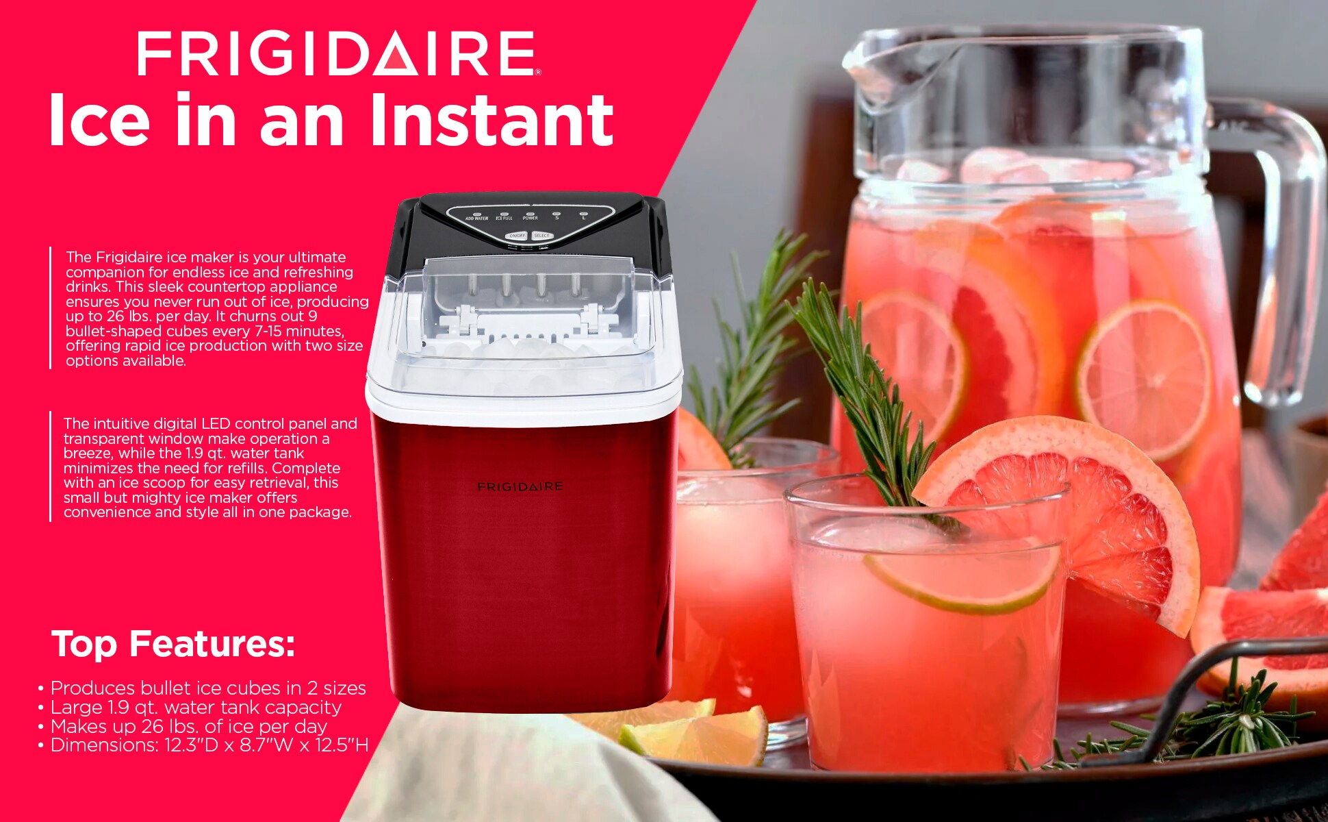 Fabricador de hielo tipo bala Frigidaire de 26 libras por día (Acero inoxidable) EFIC123-SSRED