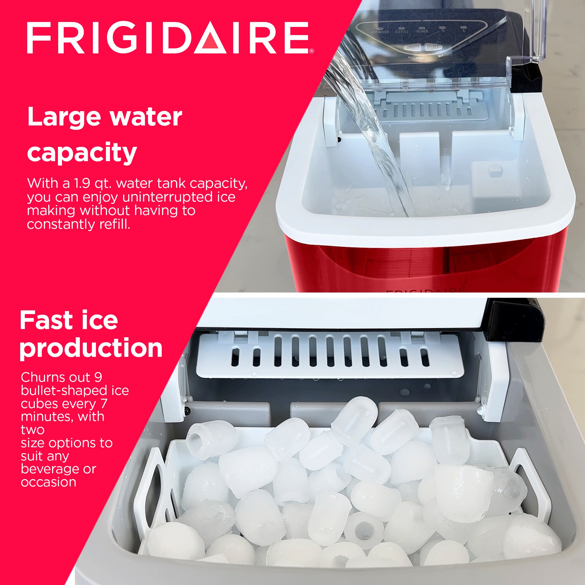 Fabricador de hielo tipo bala Frigidaire de 26 libras por día (Acero inoxidable) EFIC123-SSRED