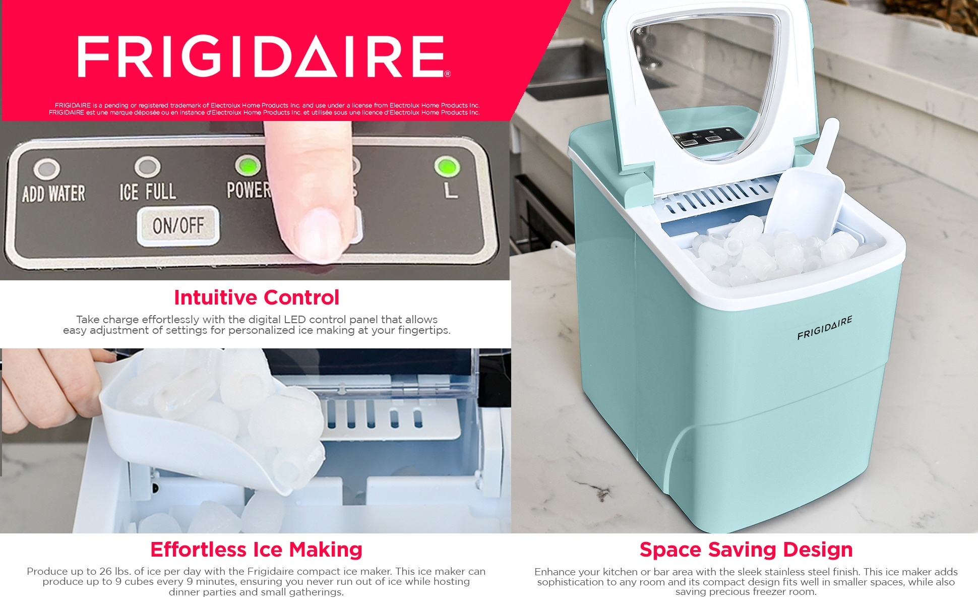 Fabricador de hielo en balas Frigidaire de 26 libras por día (azul) EFIC108-AZUL