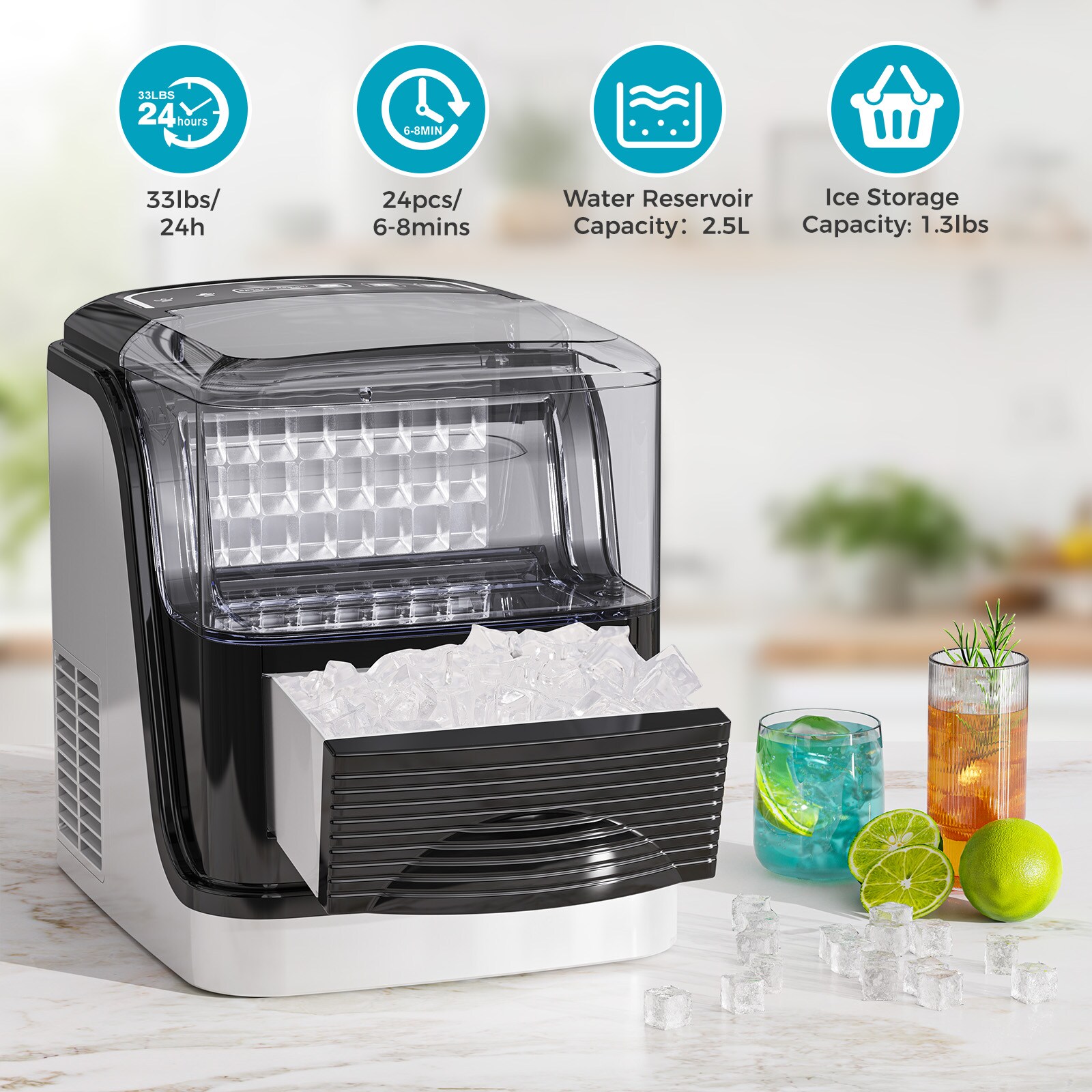 Máquina para hacer hielo en cubos de 26 libras por día (negra)