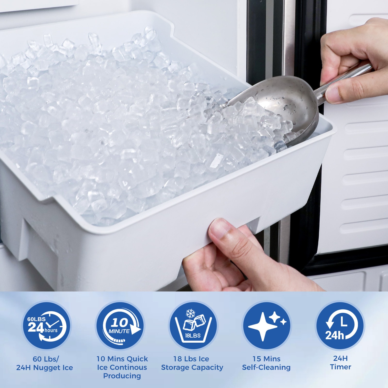 Fabricador de hielo en forma de pepitas que produce 66 libras de hielo al día (Acero inoxidable)
