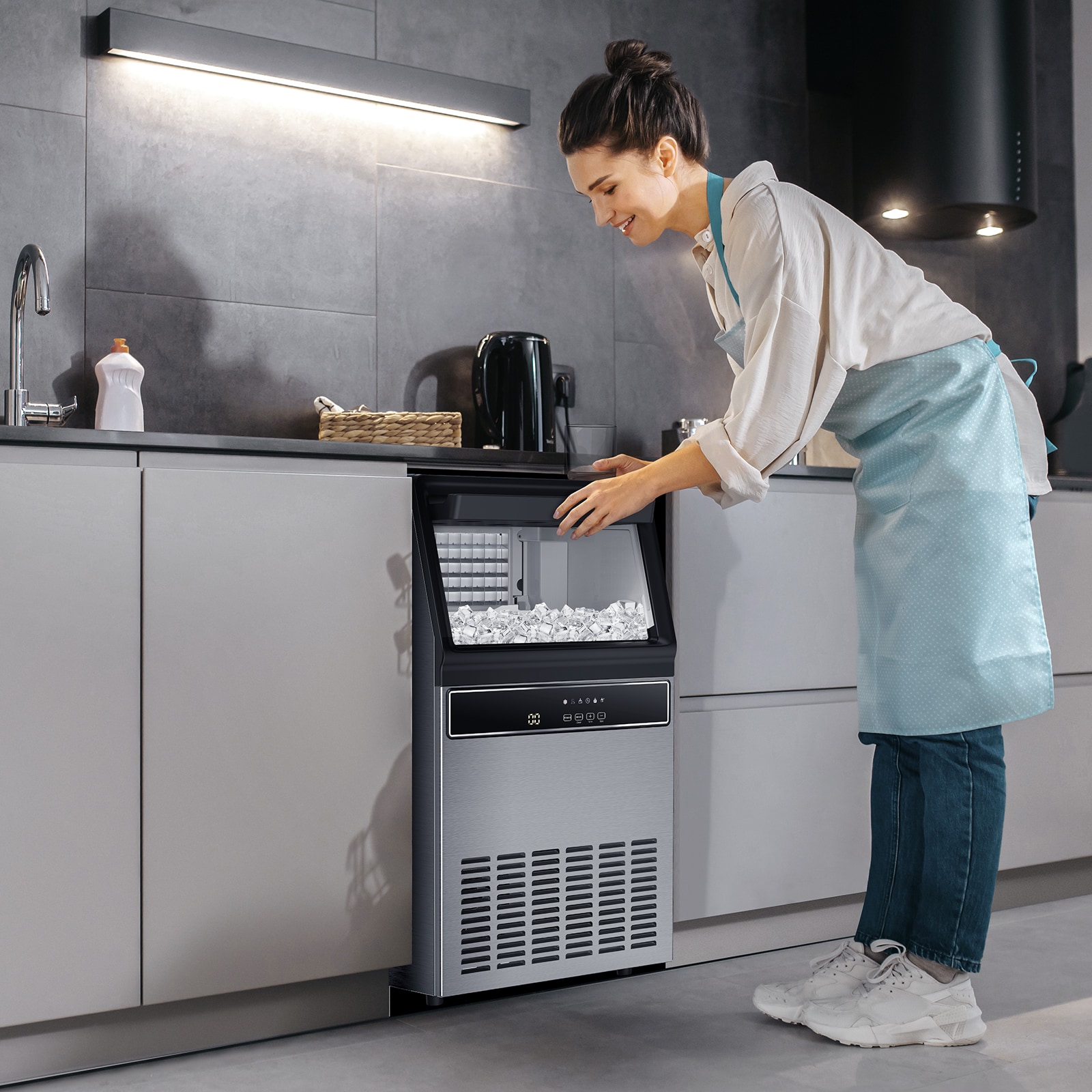 Máquina de hacer hielo en cubos de 33 libras de capacidad de almacenamiento de hielo y 130 libras de producción diaria de hielo (Acero inoxidable) LSZ47IM90S