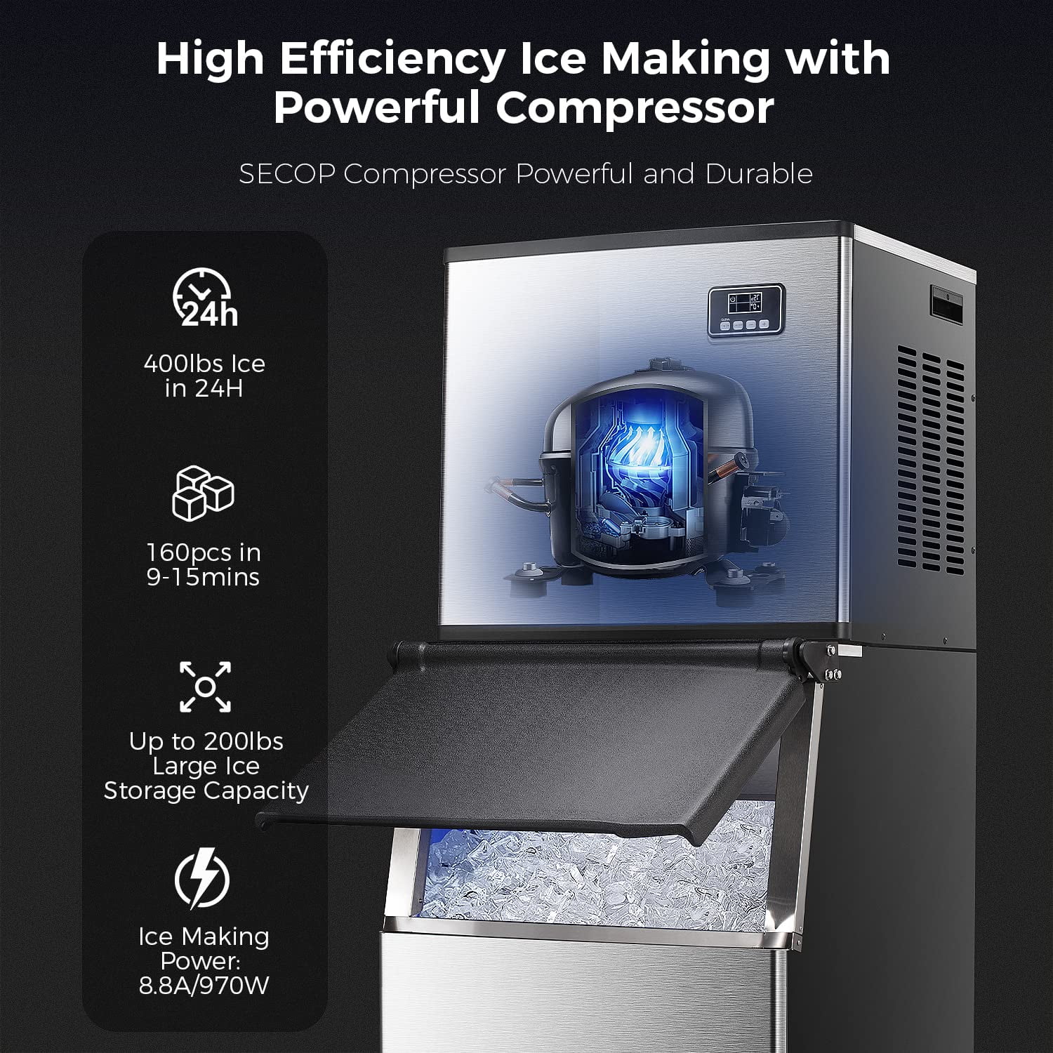 Fabricador de hielo en cubos que produce 352 libras de hielo al día (Acero inoxidable)