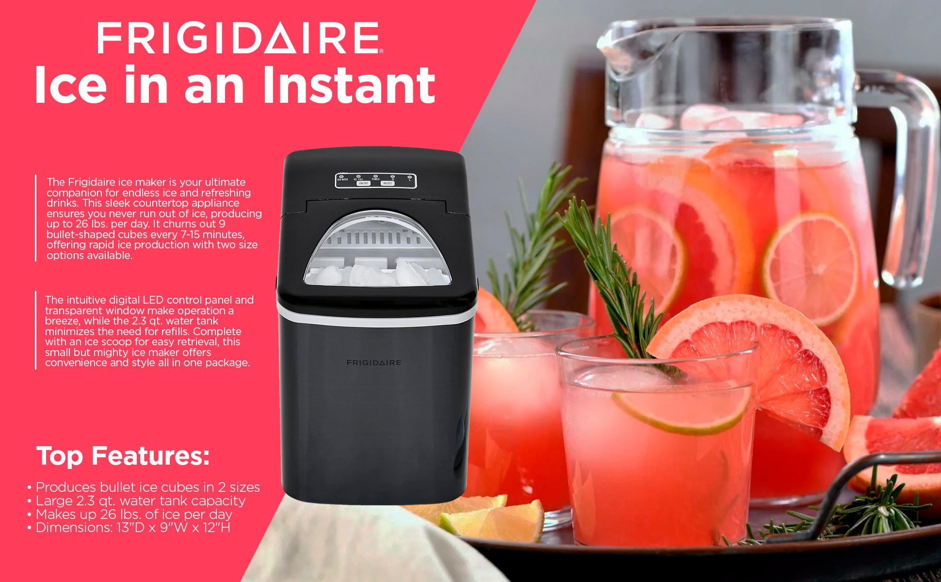 Máquina de hacer hielo en forma de bala para encimera, de Frigidaire, produce 26 libras de hielo al día (Negro) EFIC117-SSBLACK-COM