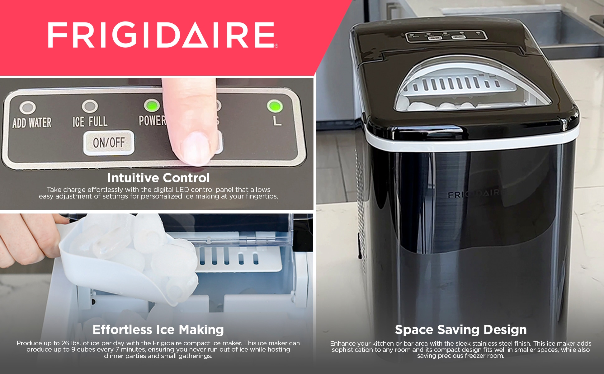 Máquina de hacer hielo en forma de bala para encimera, de Frigidaire, produce 26 libras de hielo al día (Negro) EFIC117-SSBLACK-COM