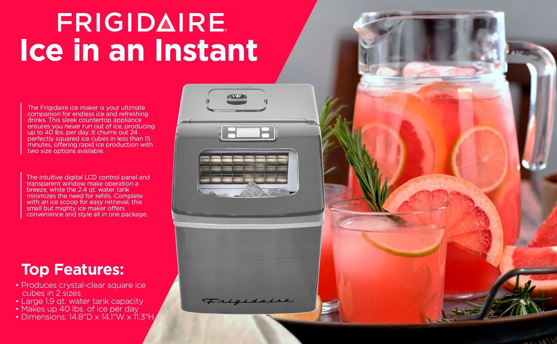 Fabricador de hielo de 40 libras de Frigidaire al día de hielo en cubos (Acero inoxidable) EFIC452-SS.