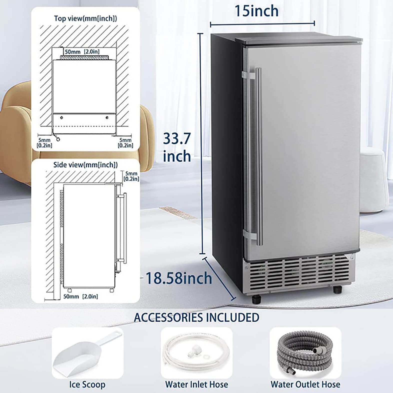 Almacenamiento de hielo de 25 libras 80 libras de hielo por día Fabricante de hielo en cubos (Plata) Z5836F