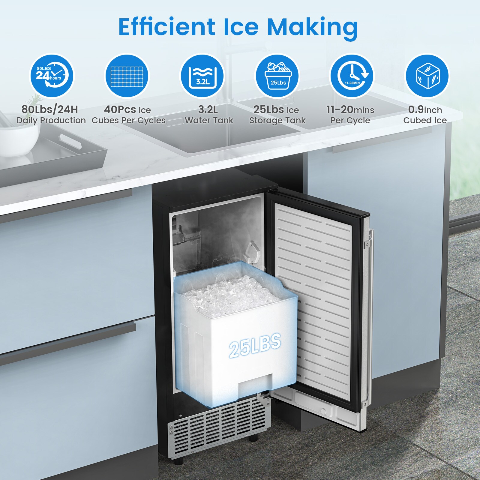 Almacenamiento de hielo de 25 libras 80 libras de hielo por día Fabricante de hielo en cubos (Plata) Z5836F