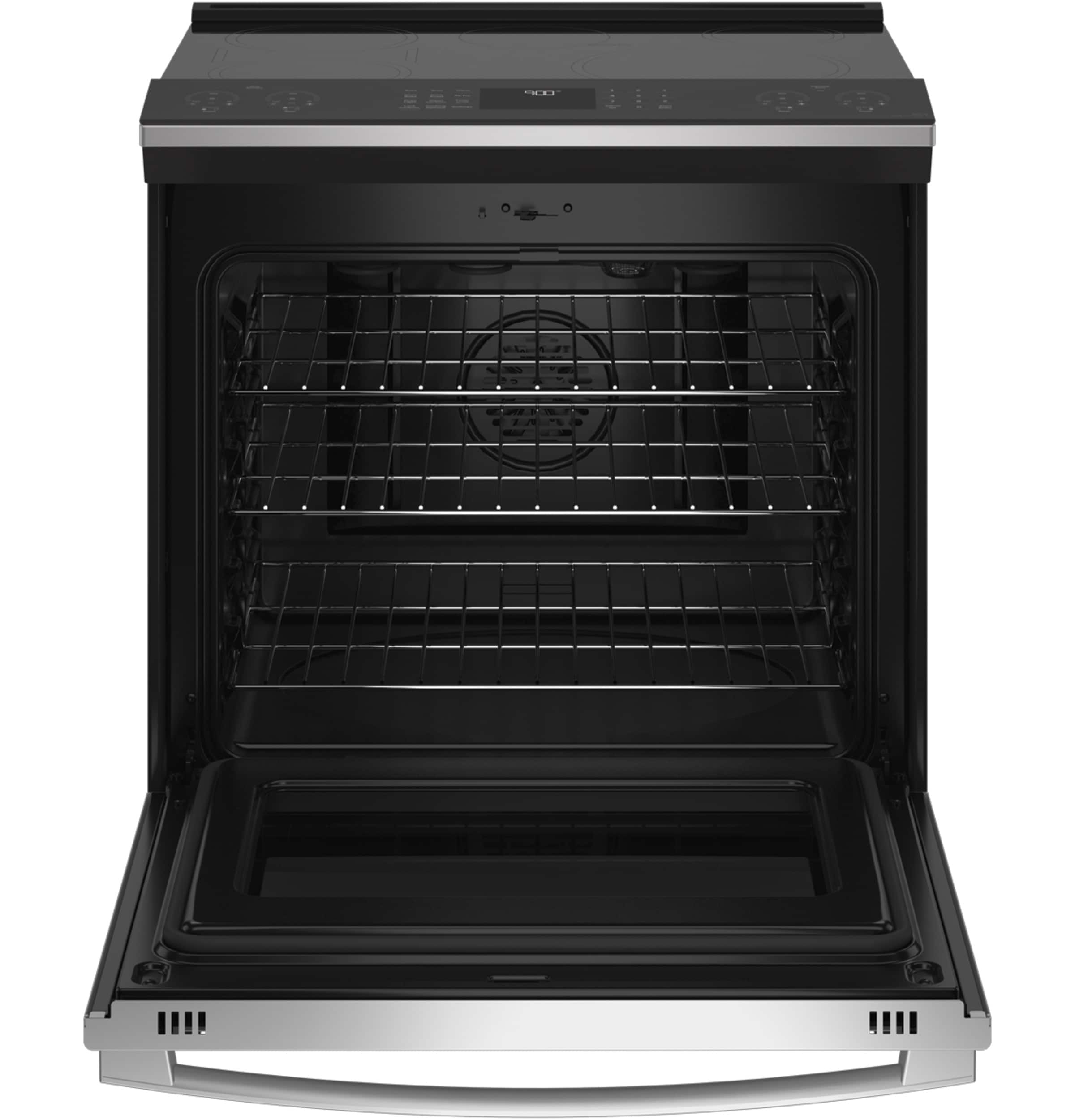 Estufa de Inducción Simple Deslizable con Horno de Convección de Aire y Freidora de 5 Quemadores de 30 pulgadas y 5.3 pies cúbicos - Acero Inoxidable Resistente a las Huellas Dactilares de la Línea GE Profile