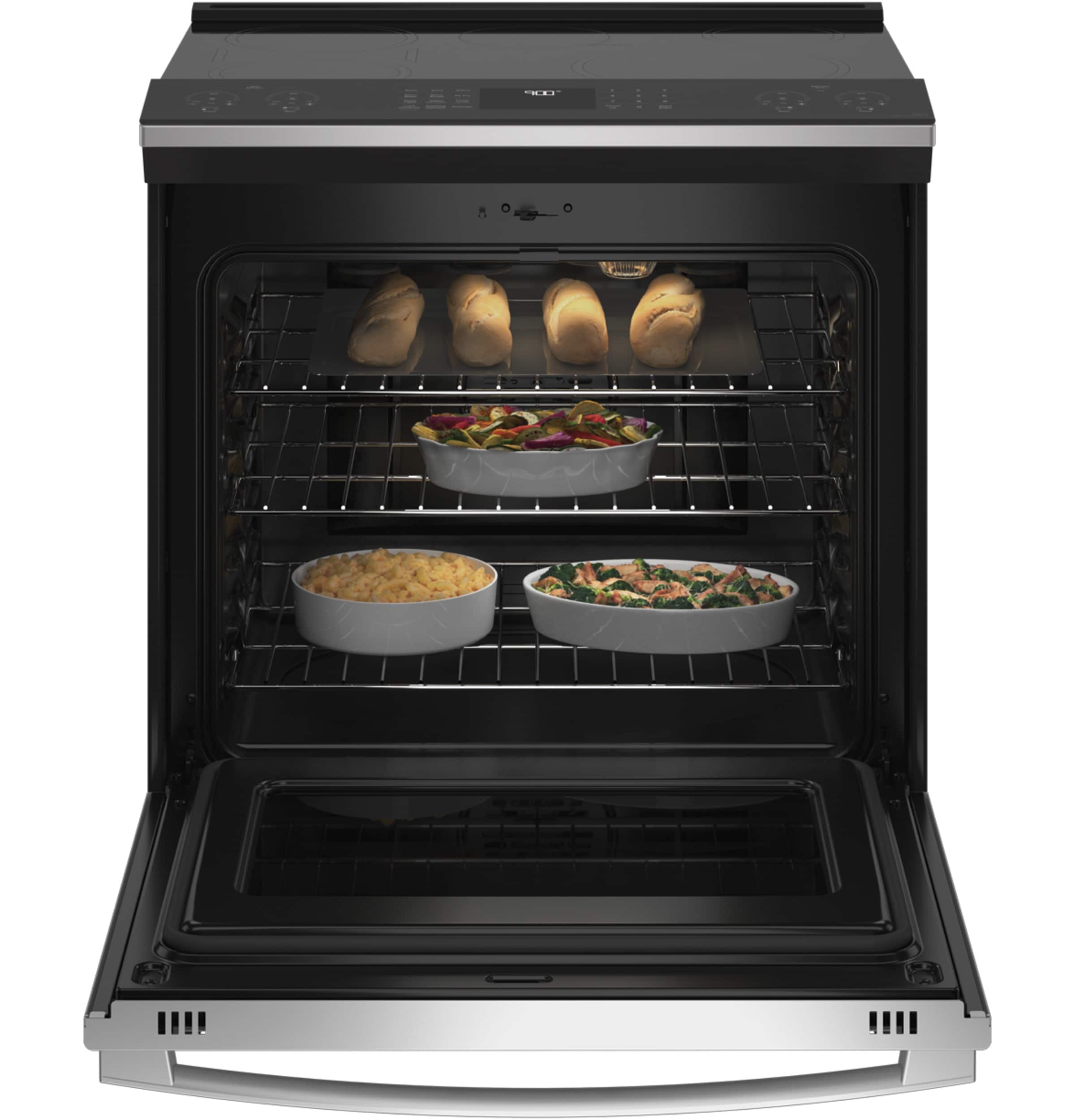 Estufa de Inducción Simple Deslizable con Horno de Convección de Aire y Freidora de 5 Quemadores de 30 pulgadas y 5.3 pies cúbicos - Acero Inoxidable Resistente a las Huellas Dactilares de la Línea GE Profile