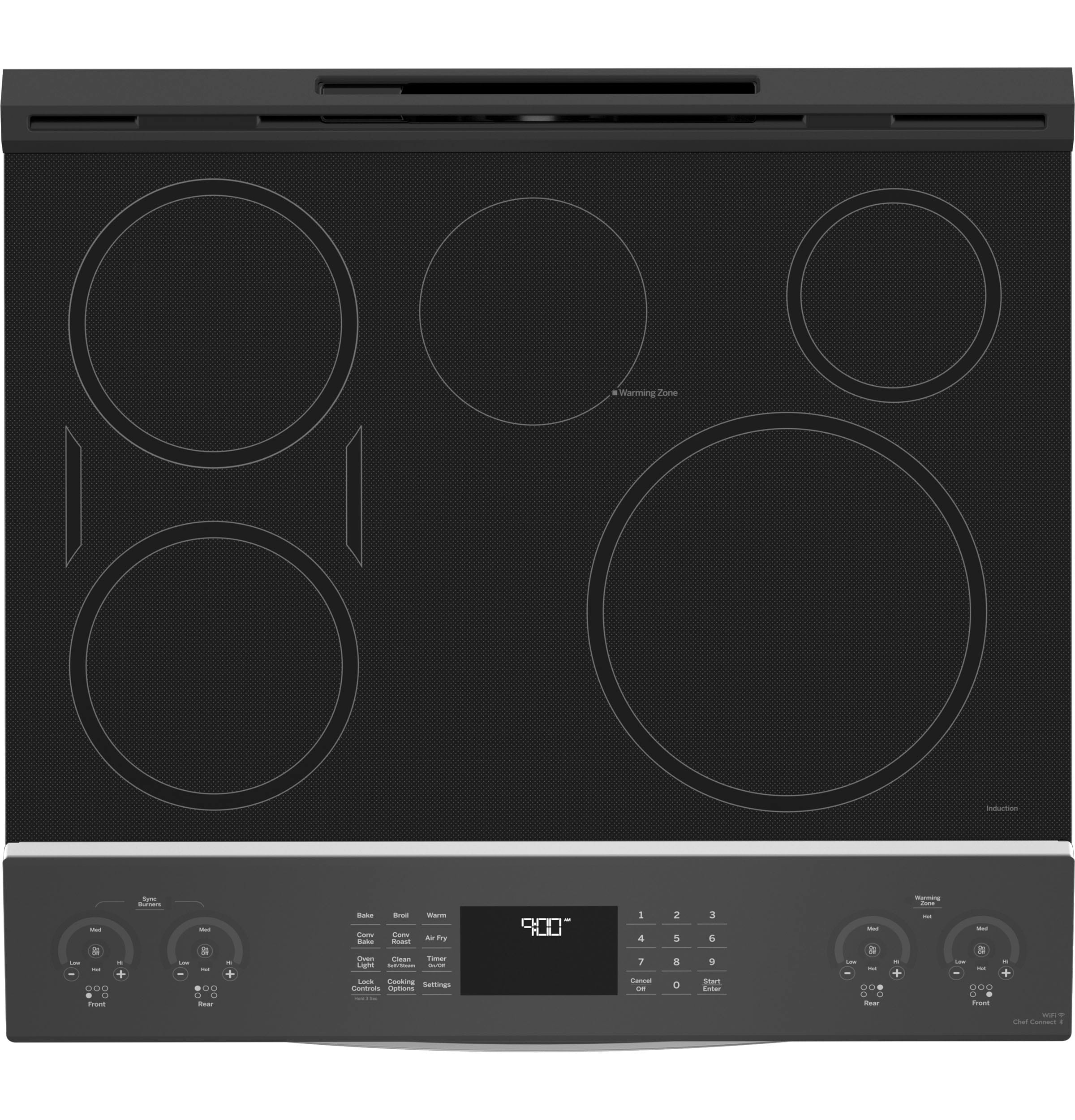 Estufa de Inducción Simple Deslizable con Horno de Convección de Aire y Freidora de 5 Quemadores de 30 pulgadas y 5.3 pies cúbicos - Acero Inoxidable Resistente a las Huellas Dactilares de la Línea GE Profile