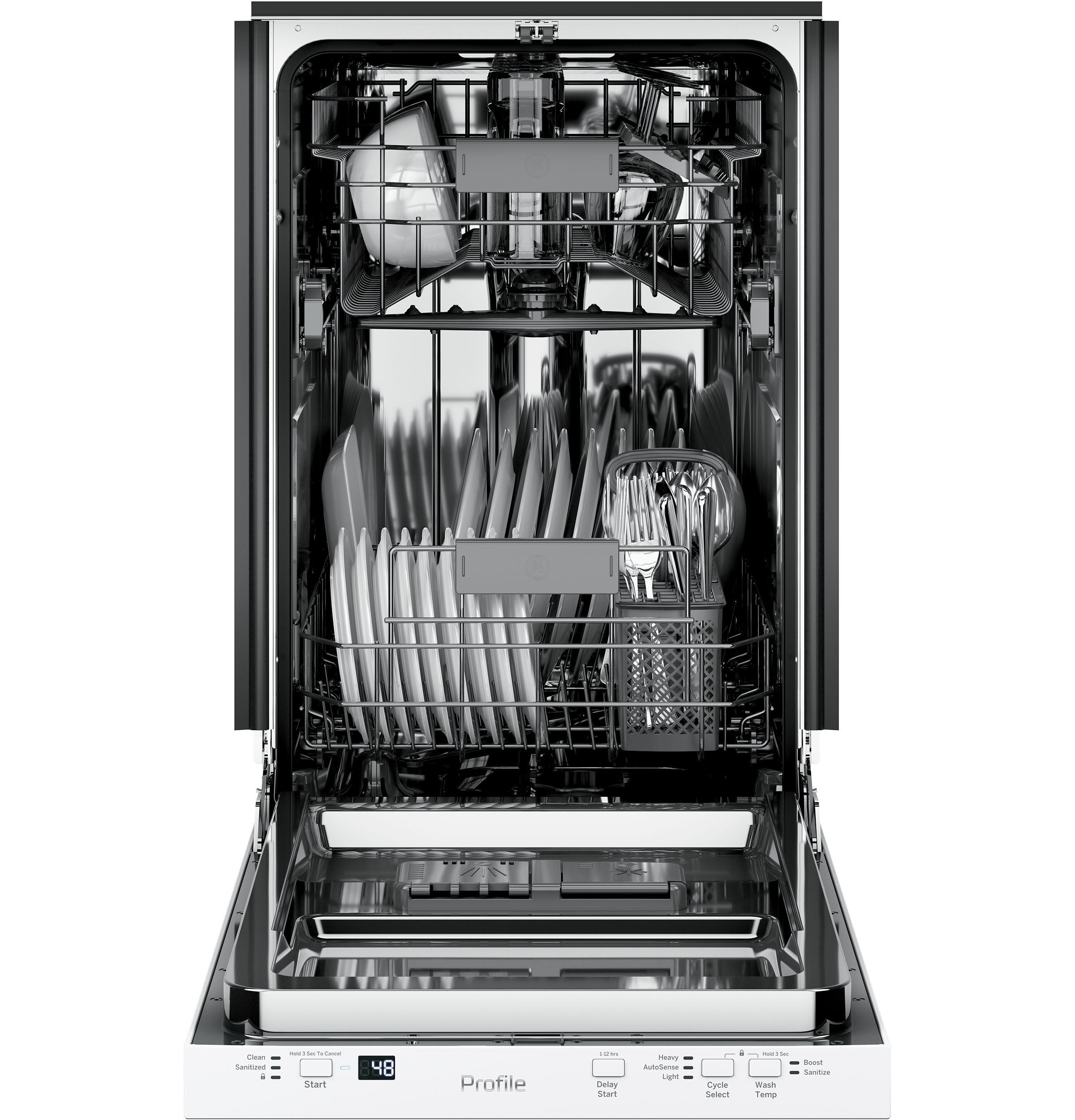 Lavavajillas empotrado GE Profile de 18 pulgadas con control superior (blanco) con certificación ENERGY STAR, nivel de sonido muy silencioso de 47 decibeles modelo PDT145SGLWW.