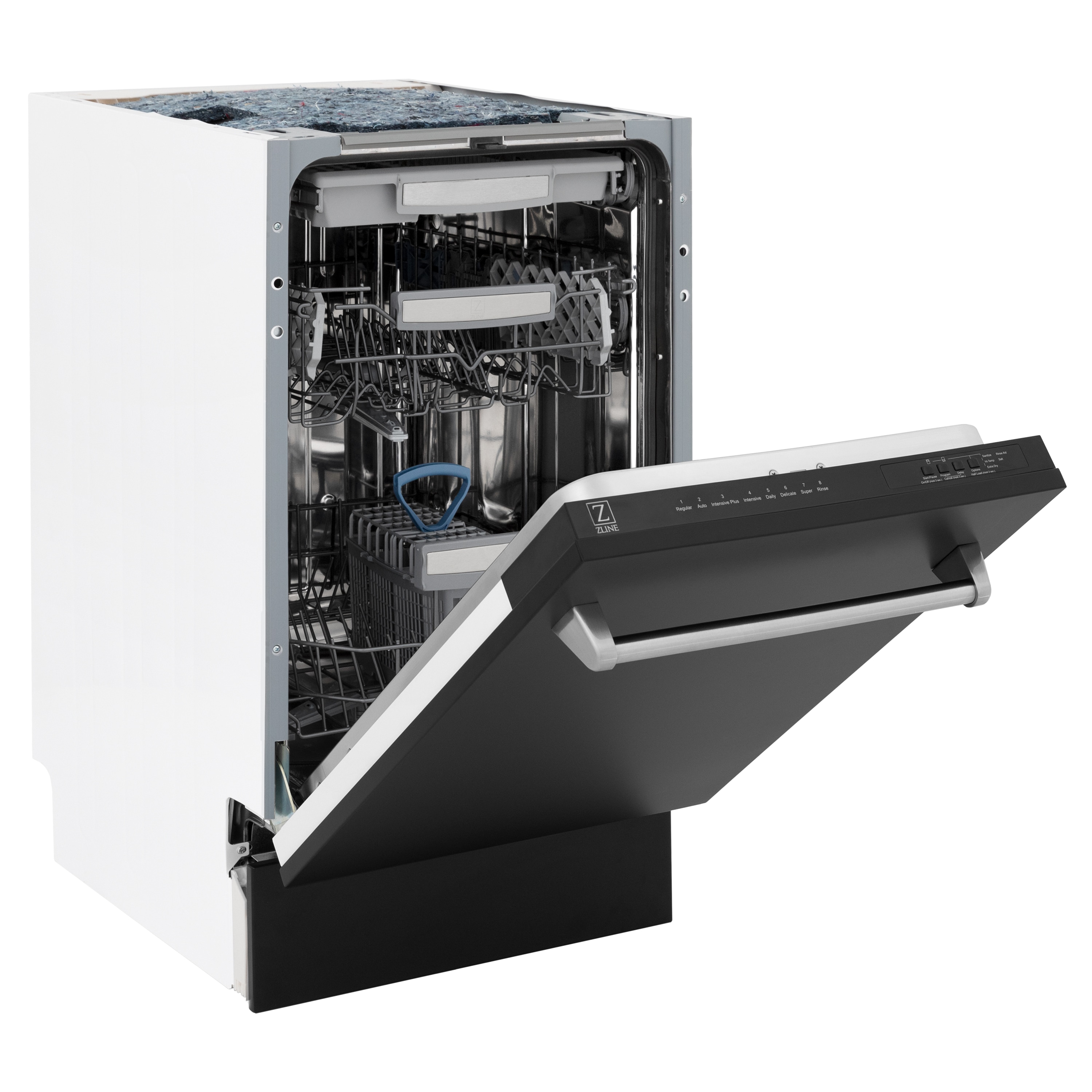 Lavavajillas empotrado de control superior ZLINE KITCHEN & BATH Tallac de 18 pulgadas con tercer rack (Tina de acero inoxidable con panel negro mate) ENERGY STAR, nivel de sonido estándar de 51 decibeles DWV-BLM-18.