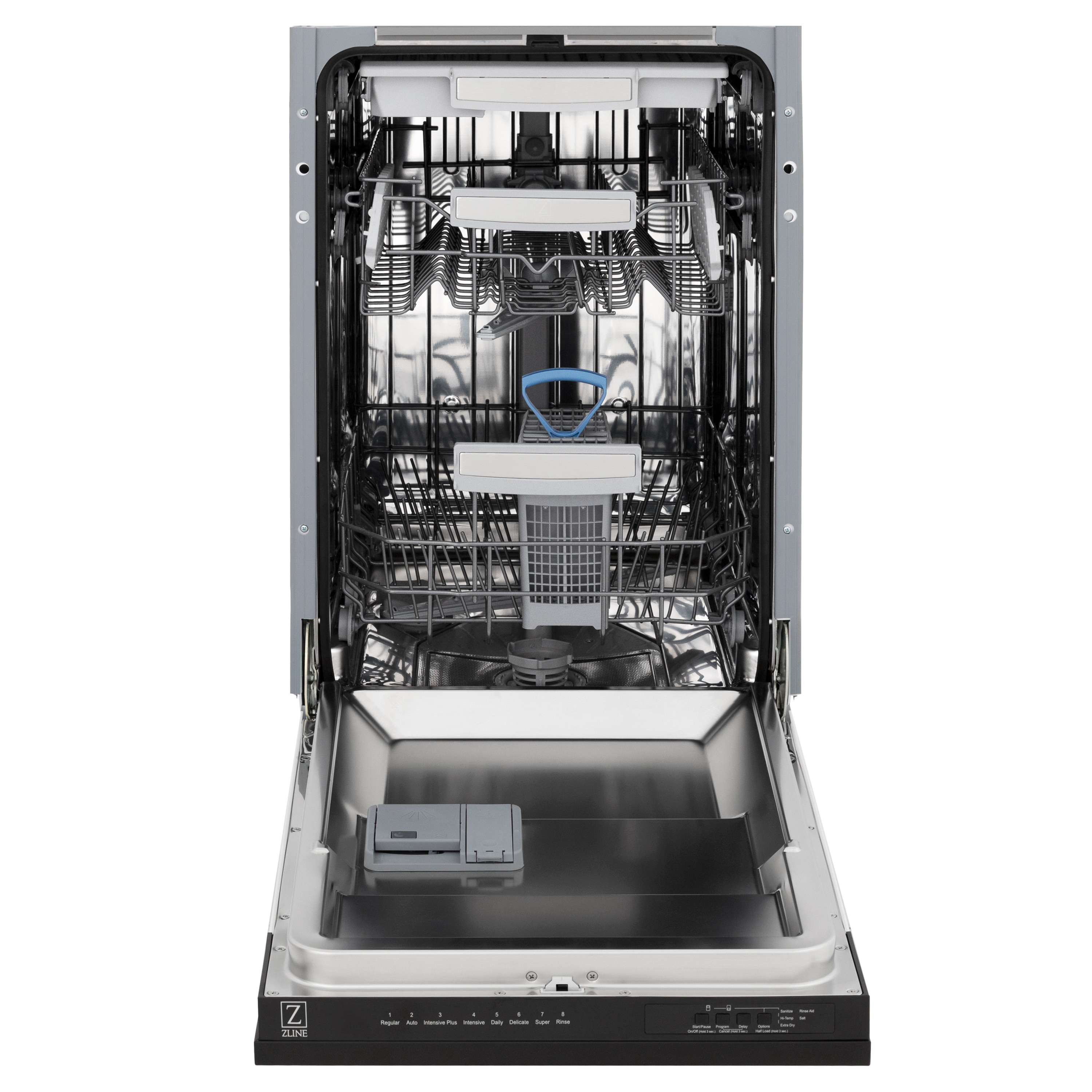 Lavavajillas empotrado de control superior ZLINE KITCHEN & BATH Tallac de 18 pulgadas con tercer rack (Tina de acero inoxidable con panel negro mate) ENERGY STAR, nivel de sonido estándar de 51 decibeles DWV-BLM-18.