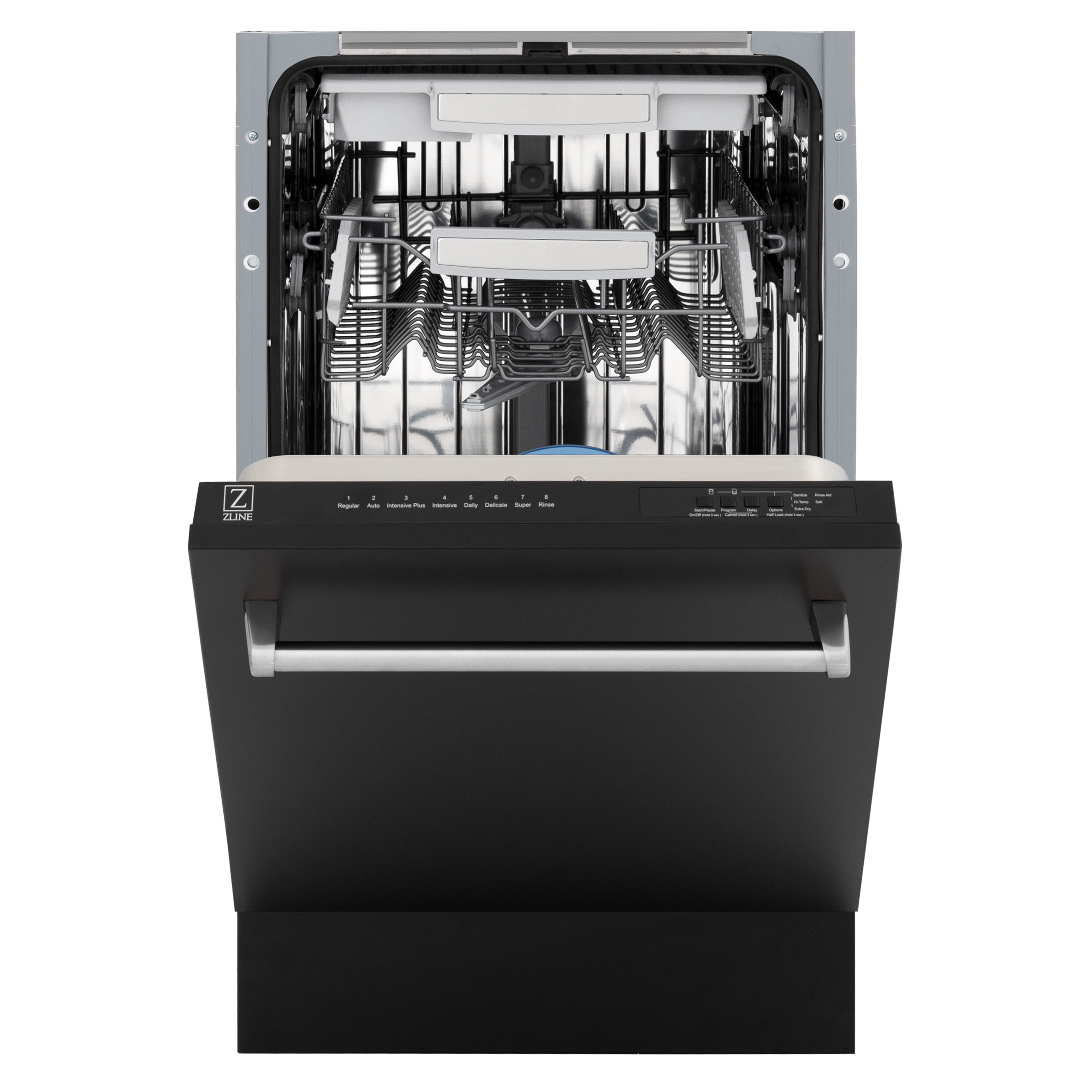 Lavavajillas empotrado de control superior ZLINE KITCHEN & BATH Tallac de 18 pulgadas con tercer rack (Tina de acero inoxidable con panel negro mate) ENERGY STAR, nivel de sonido estándar de 51 decibeles DWV-BLM-18.