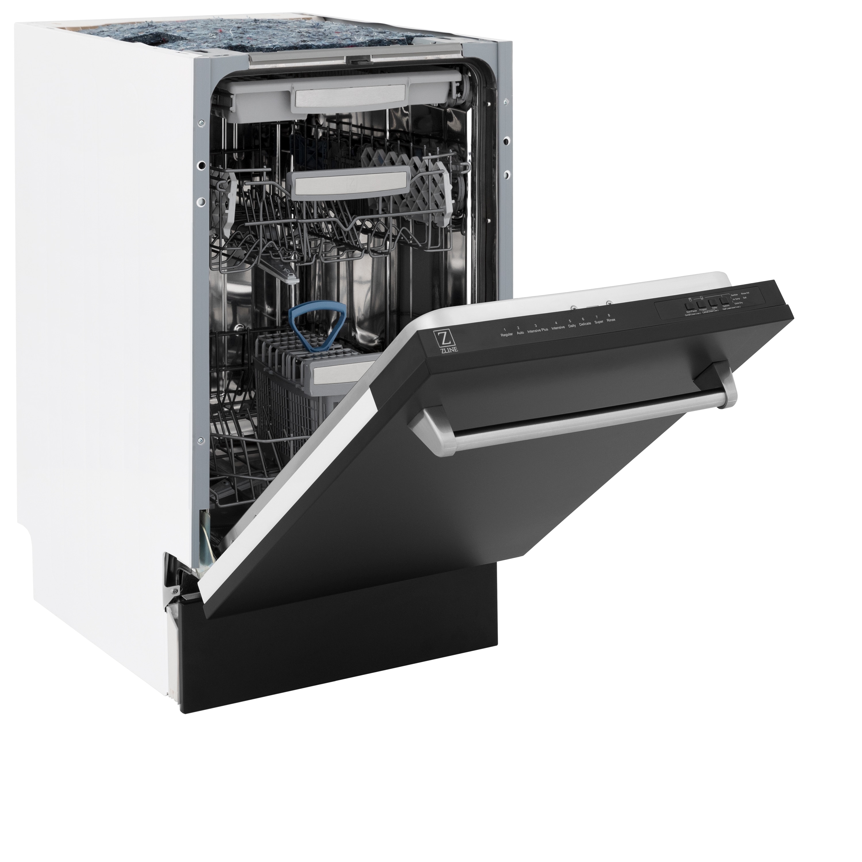 Lavavajillas empotrado de control superior ZLINE KITCHEN & BATH Tallac de 18 pulgadas con tercer rack (Tina de acero inoxidable con panel negro mate) ENERGY STAR, nivel de sonido estándar de 51 decibeles DWV-BLM-18.