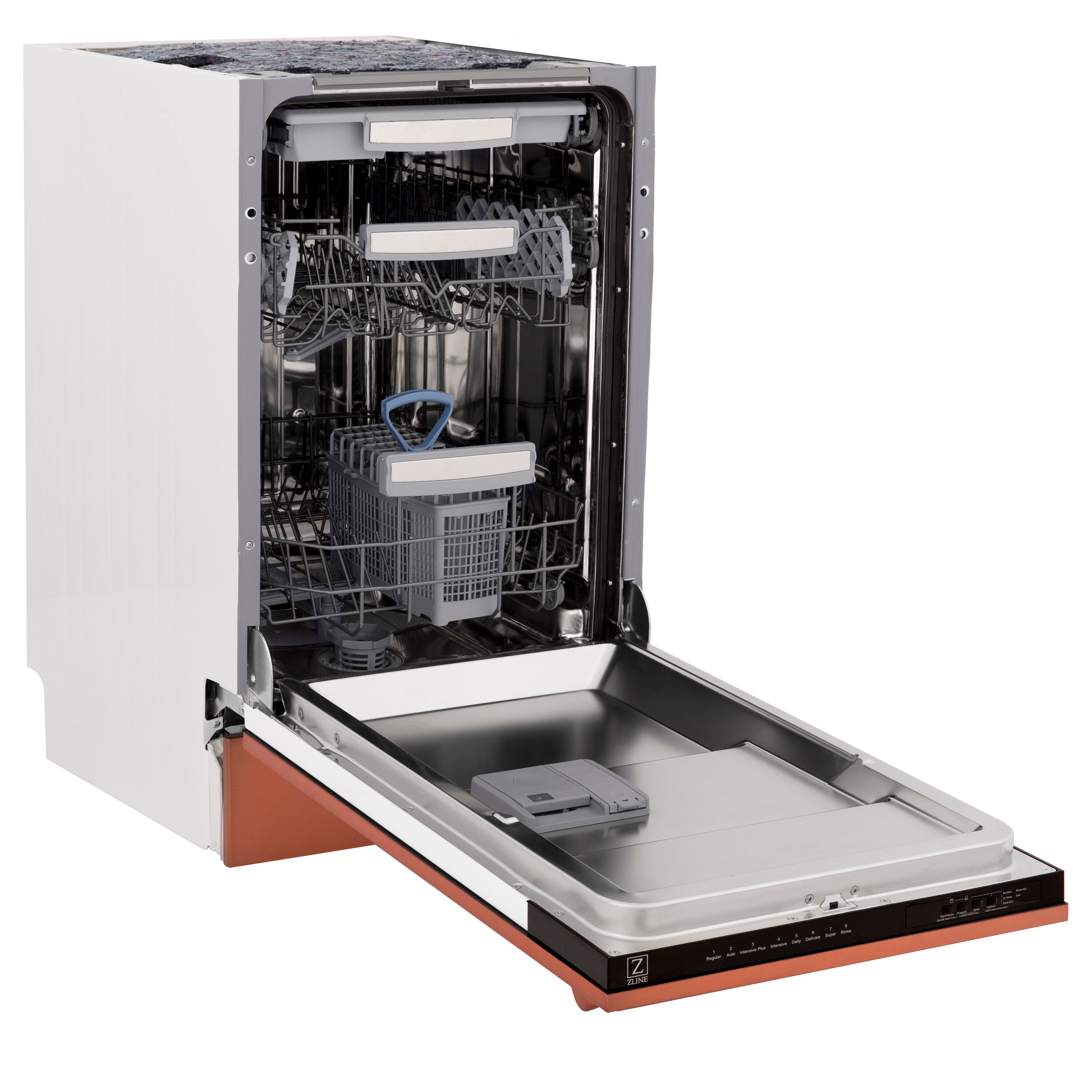 Lavavajillas empotrado de control superior de 18 pulgadas con tercera parrilla (tina de acero inoxidable con panel de cobre) ENERGY STAR, nivel de sonido estándar de 51 decibelios DWV-C-18 de ZLINE KITCHEN & BATH Tallac