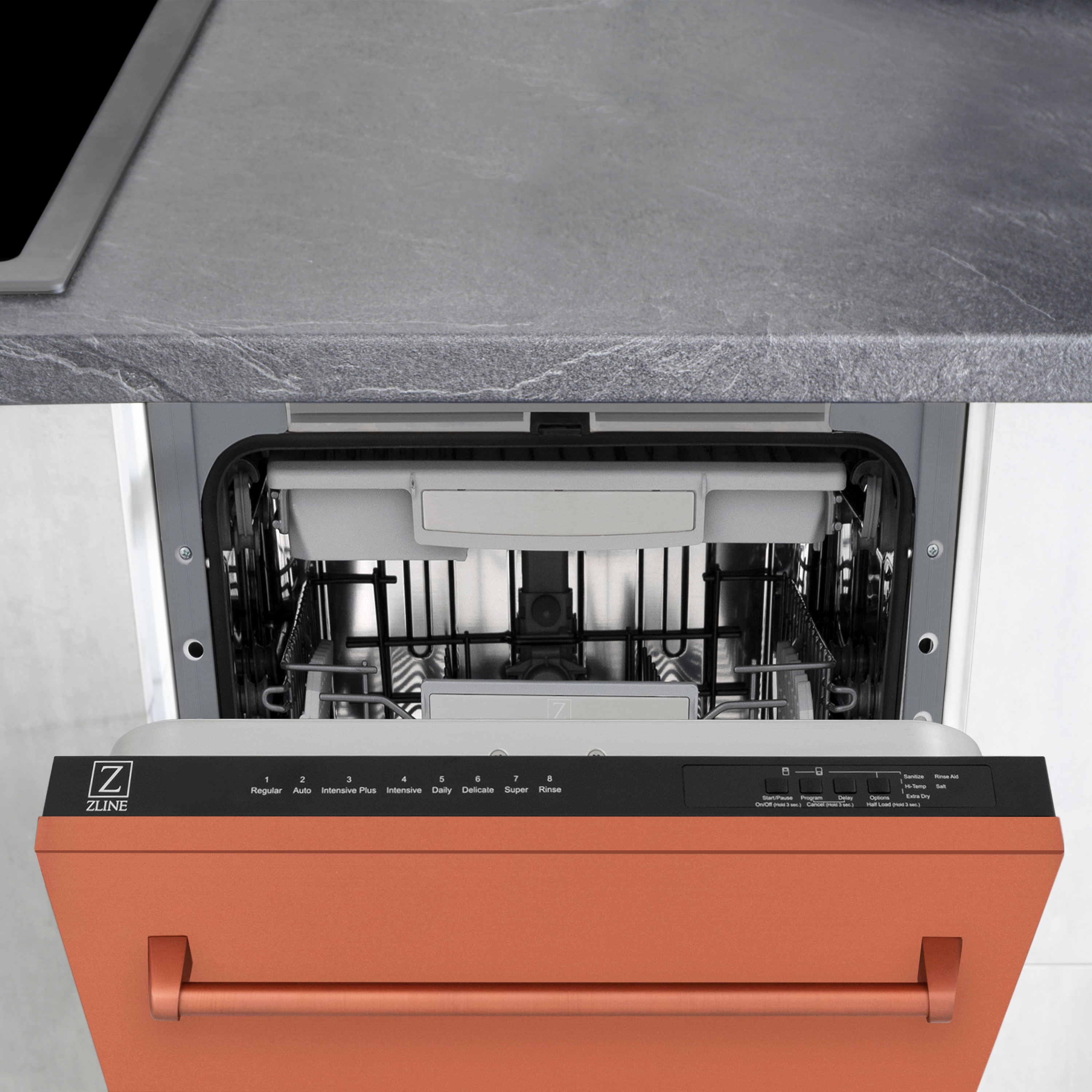 Lavavajillas empotrado de control superior de 18 pulgadas con tercera parrilla (tina de acero inoxidable con panel de cobre) ENERGY STAR, nivel de sonido estándar de 51 decibelios DWV-C-18 de ZLINE KITCHEN & BATH Tallac