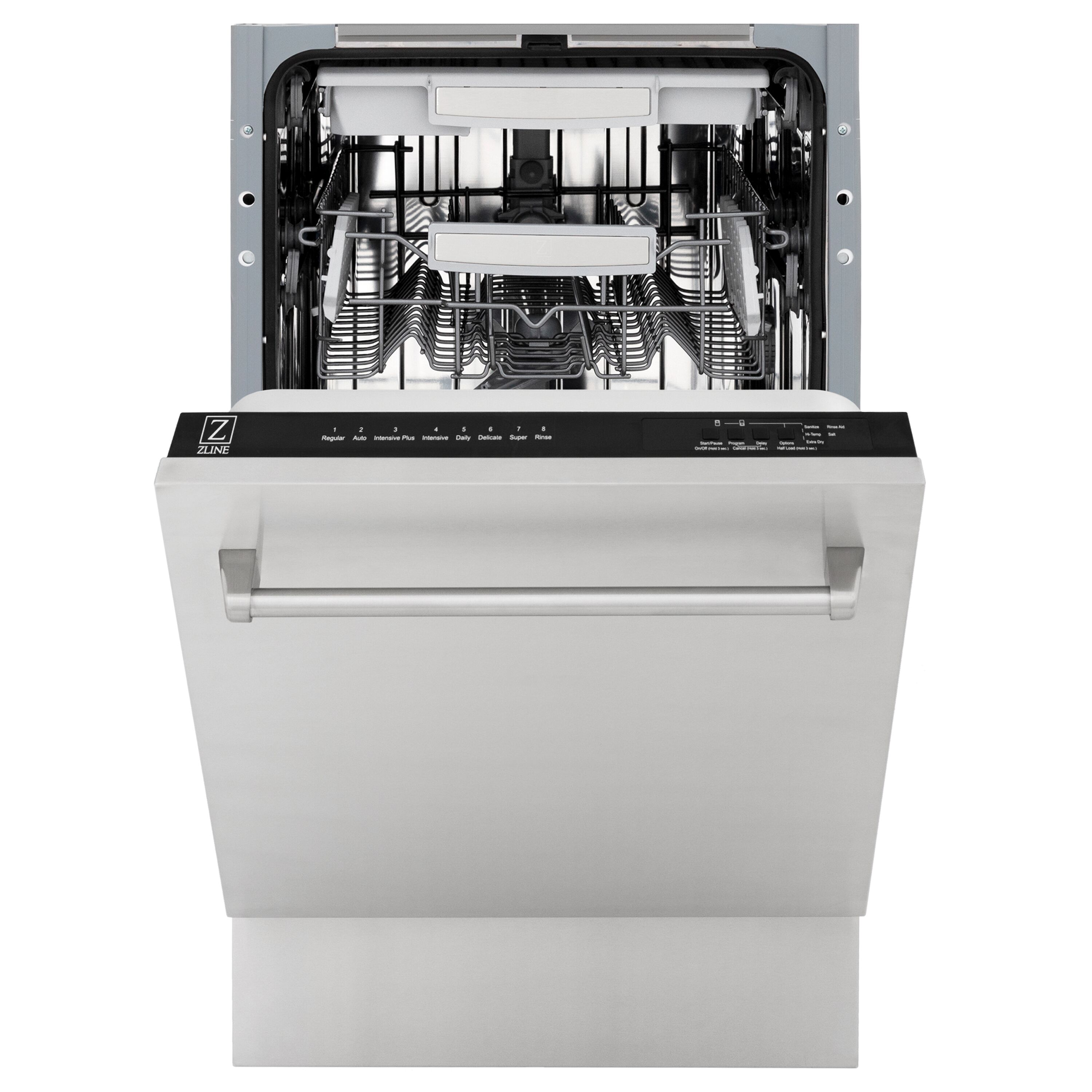 Lavavajillas empotrable de control superior de 18 pulgadas de ZLINE KITCHEN & BATH con tercer rack (tina de acero inoxidable con panel de acero inoxidable tradicional) ENERGY STAR, nivel de sonido estándar de 51 decibeles DWV-304-18