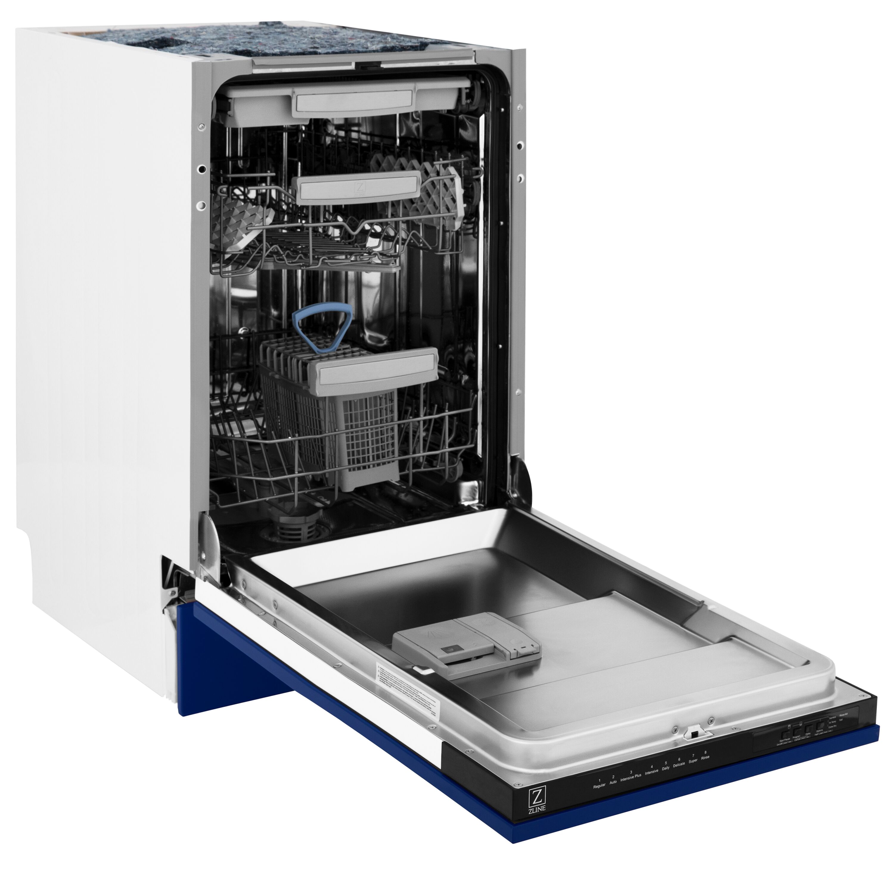 Lavavajillas Empotrado de Control Superior de 18 pulgadas con Tercer Estante (Tina de Acero Inoxidable con Panel Azul Brillante) ENERGY STAR, Nivel de Sonido Estándar de 51 Decibeles DWV-BG-18 de ZLINE KITCHEN & BATH.