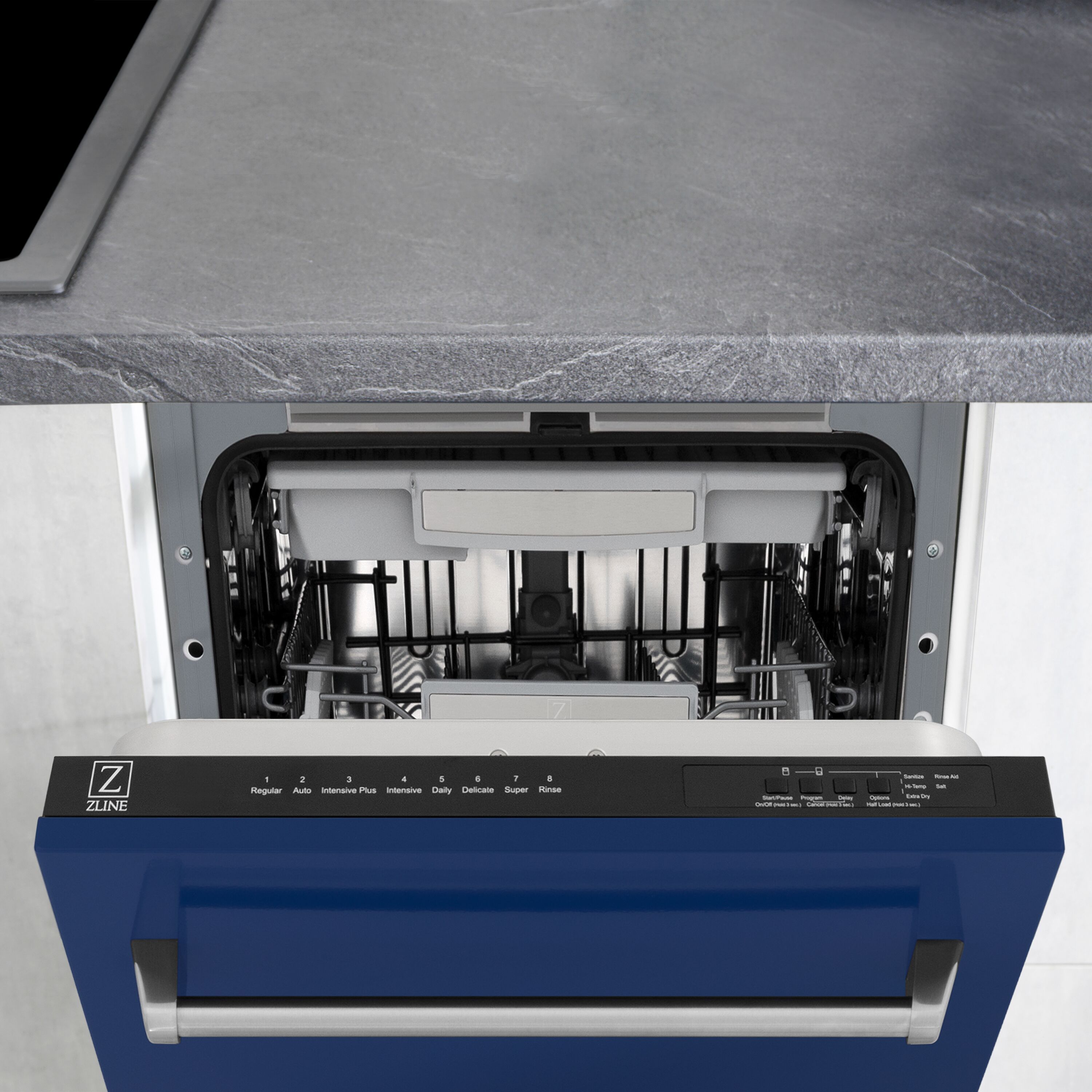 Lavavajillas Empotrado de Control Superior de 18 pulgadas con Tercer Estante (Tina de Acero Inoxidable con Panel Azul Brillante) ENERGY STAR, Nivel de Sonido Estándar de 51 Decibeles DWV-BG-18 de ZLINE KITCHEN & BATH.