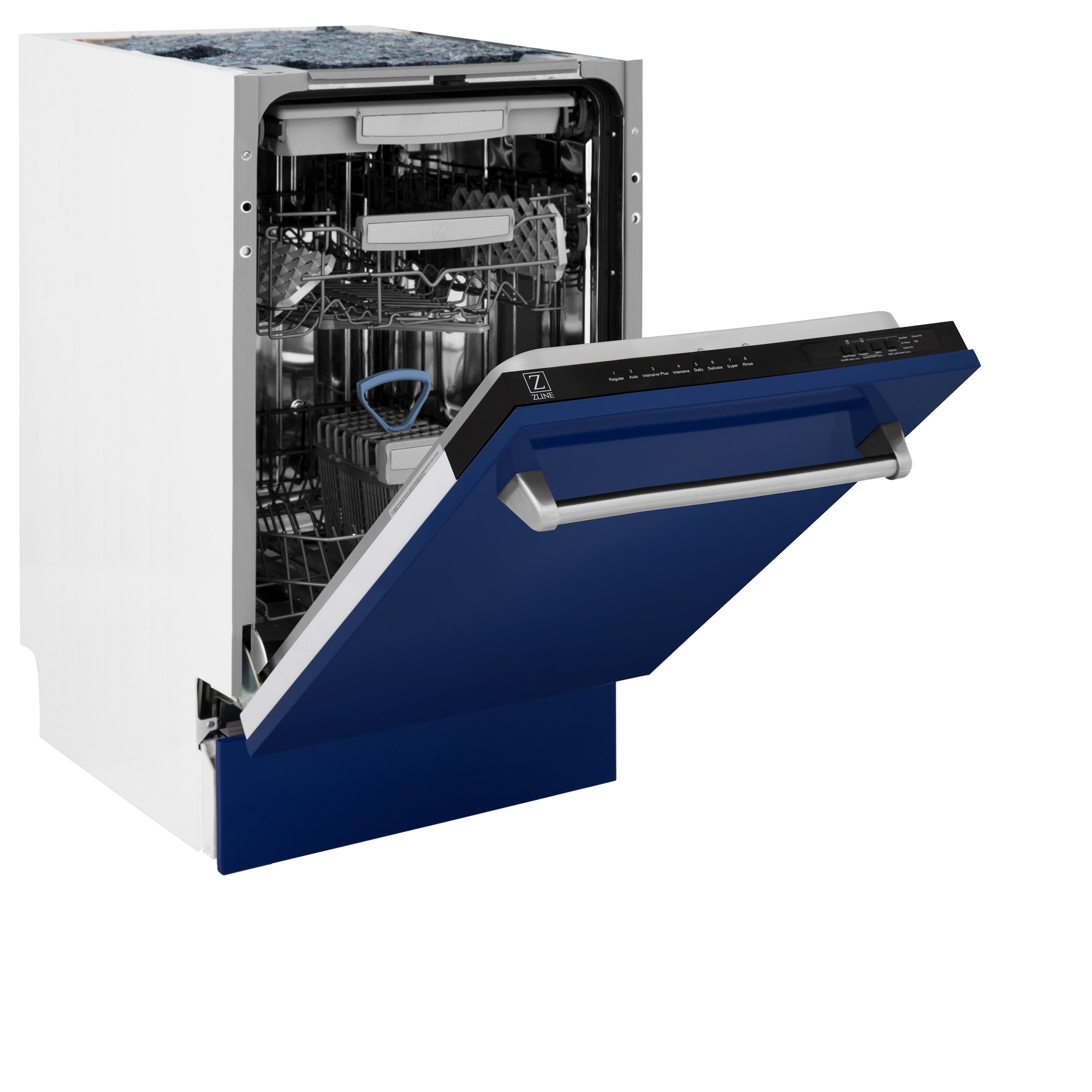 Lavavajillas Empotrado de Control Superior de 18 pulgadas con Tercer Estante (Tina de Acero Inoxidable con Panel Azul Brillante) ENERGY STAR, Nivel de Sonido Estándar de 51 Decibeles DWV-BG-18 de ZLINE KITCHEN & BATH.