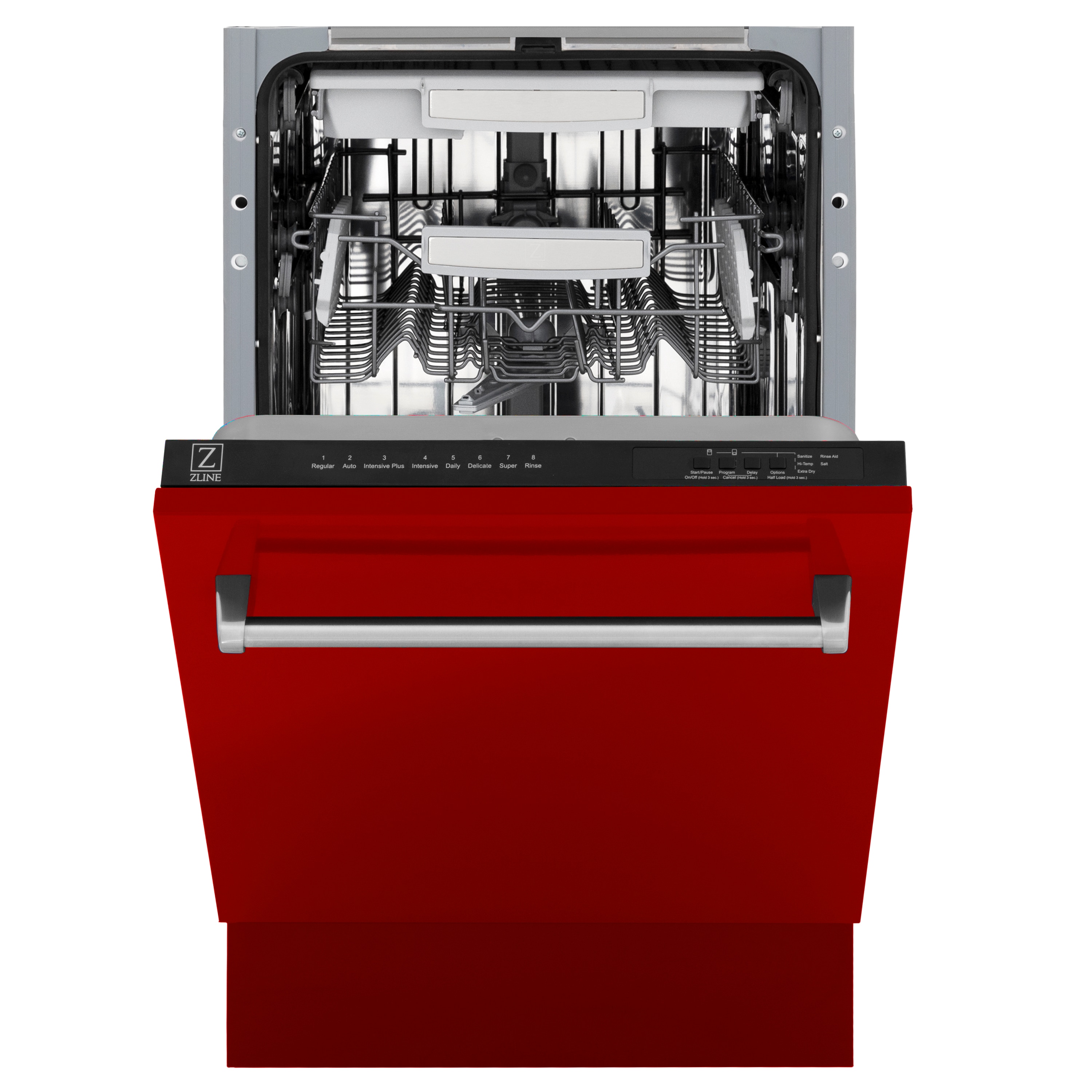 Lavavajillas empotrado ZLINE KITCHEN & BATH Tallac de 18 pulgadas con Control Superior y Tercer Riel (Tina de Acero Inoxidable con Panel Rojo Brillo) certificado ENERGY STAR, Nivel de Sonido Estándar de 51 Decibeles DWV-RG-18