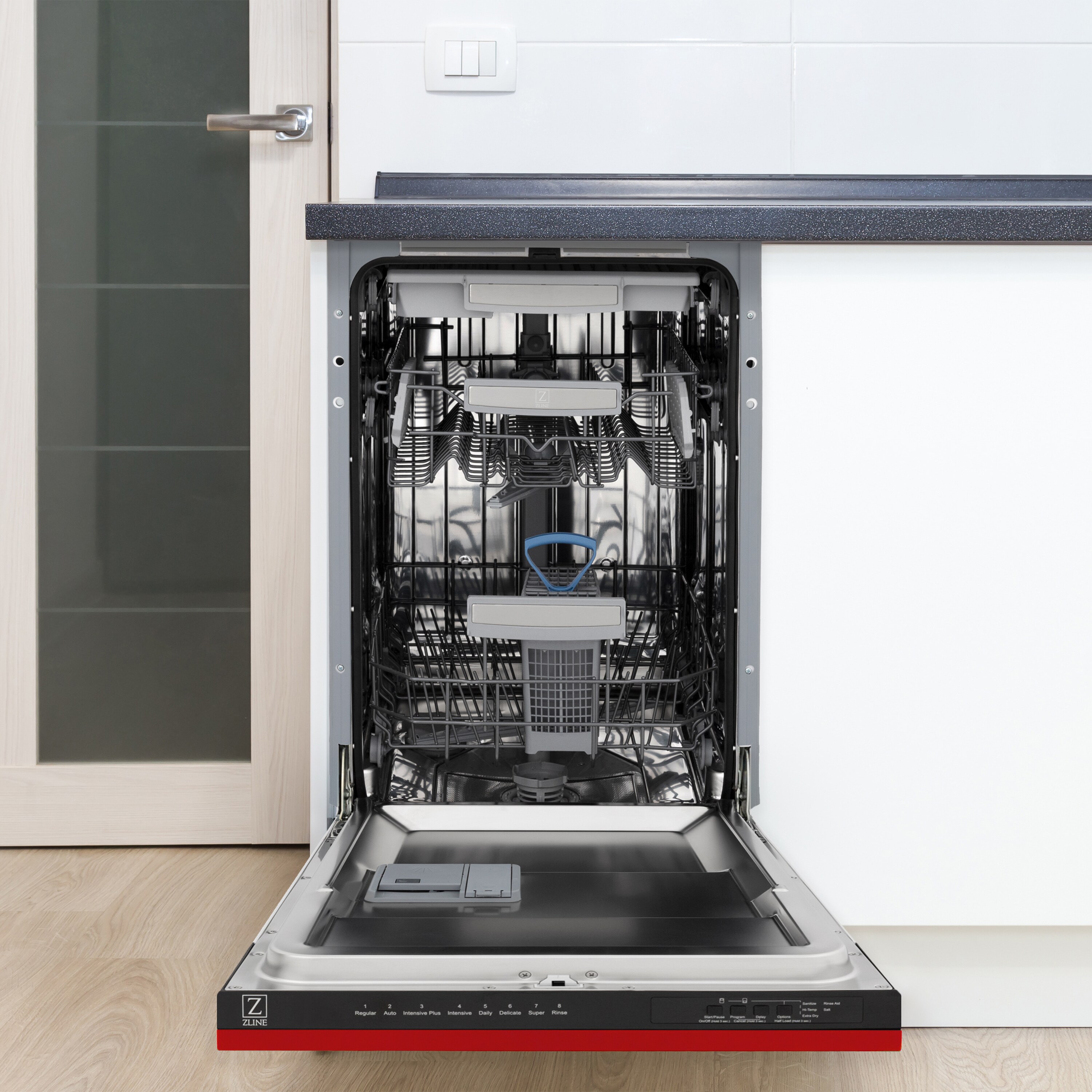 Lavavajillas empotrado ZLINE KITCHEN & BATH Tallac de 18 pulgadas con Control Superior y Tercer Riel (Tina de Acero Inoxidable con Panel Rojo Brillo) certificado ENERGY STAR, Nivel de Sonido Estándar de 51 Decibeles DWV-RG-18