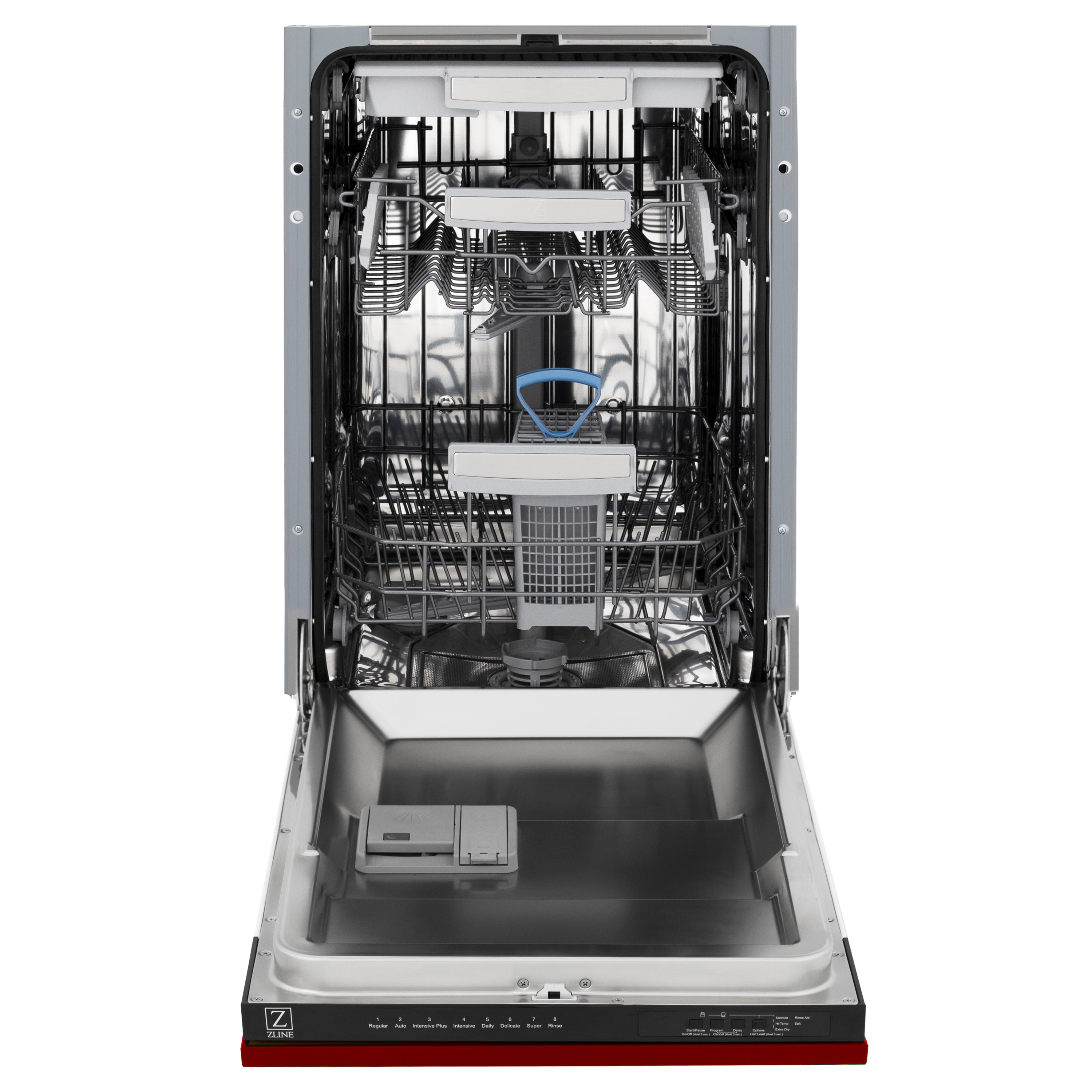 Lavavajillas empotrado ZLINE KITCHEN & BATH Tallac de 18 pulgadas con Control Superior y Tercer Riel (Tina de Acero Inoxidable con Panel Rojo Brillo) certificado ENERGY STAR, Nivel de Sonido Estándar de 51 Decibeles DWV-RG-18