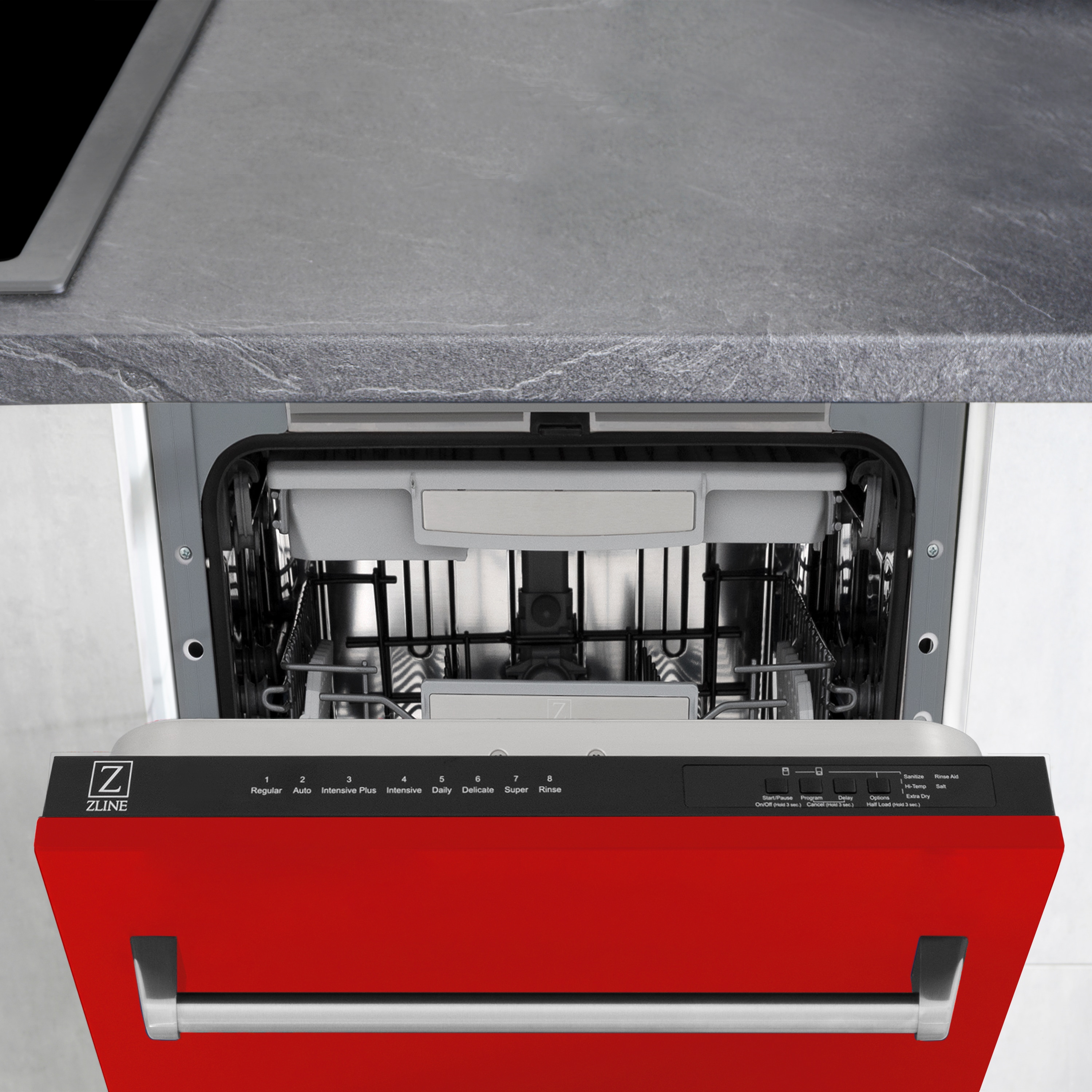Lavavajillas empotrado ZLINE KITCHEN & BATH Tallac de 18 pulgadas con Control Superior y Tercer Riel (Tina de Acero Inoxidable con Panel Rojo Brillo) certificado ENERGY STAR, Nivel de Sonido Estándar de 51 Decibeles DWV-RG-18