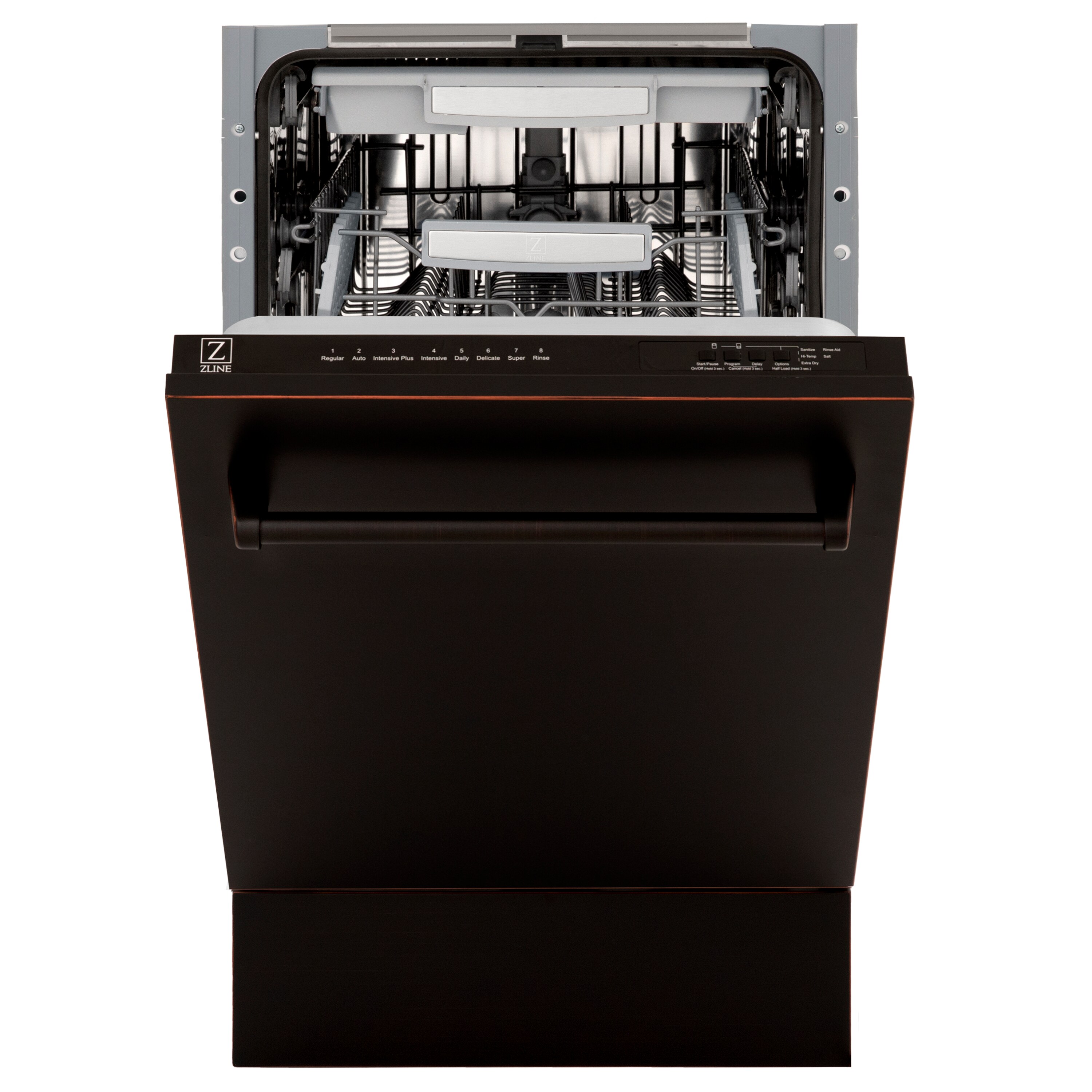Lavavajillas Empotrado ZLINE KITCHEN & BATH Tallac de 18 pulgadas con Control Superior y Tercer Riel (tina de acero inoxidable con panel de bronce en aceite) con Certificación ENERGY STAR, Nivel de Sonido Estándar de 51 Decibeles DWV-ORB-18