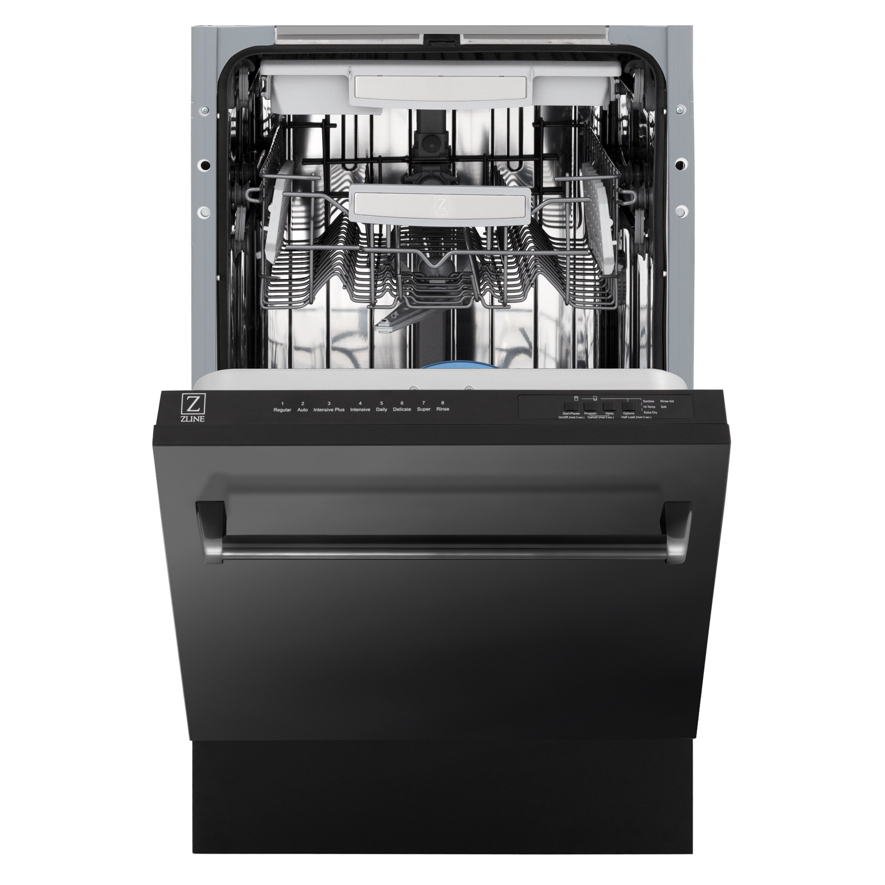 Lavavajillas empotrable de control superior de 18 pulgadas con tercera rejilla (tina de acero inoxidable con panel de acero inoxidable negro) ENERGY STAR, nivel de sonido estándar de 51 decibelios modelo DWV-BS-18 de ZLINE KITCHEN & BATH Tallac.