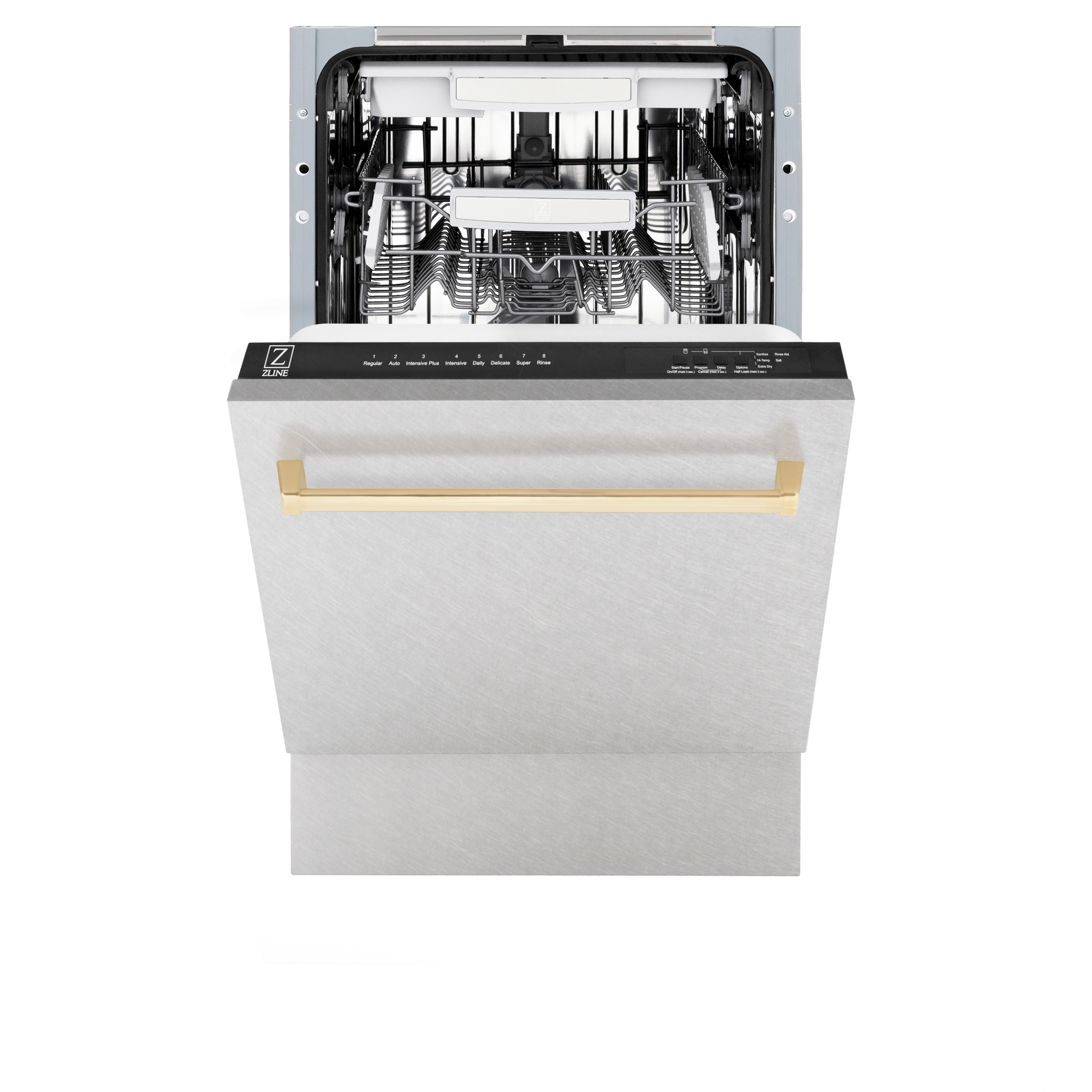Lavavajillas empotrado de control superior de 18 pulgadas con tercera rejilla de la edición Autograph de ZLINE KITCHEN & BATH (Acero inoxidable resistente a las huellas dactilares con mango de oro pulido) ENERGY STAR, Nivel de sonido estándar de 51 decibelios DWVZ-SN-18-G