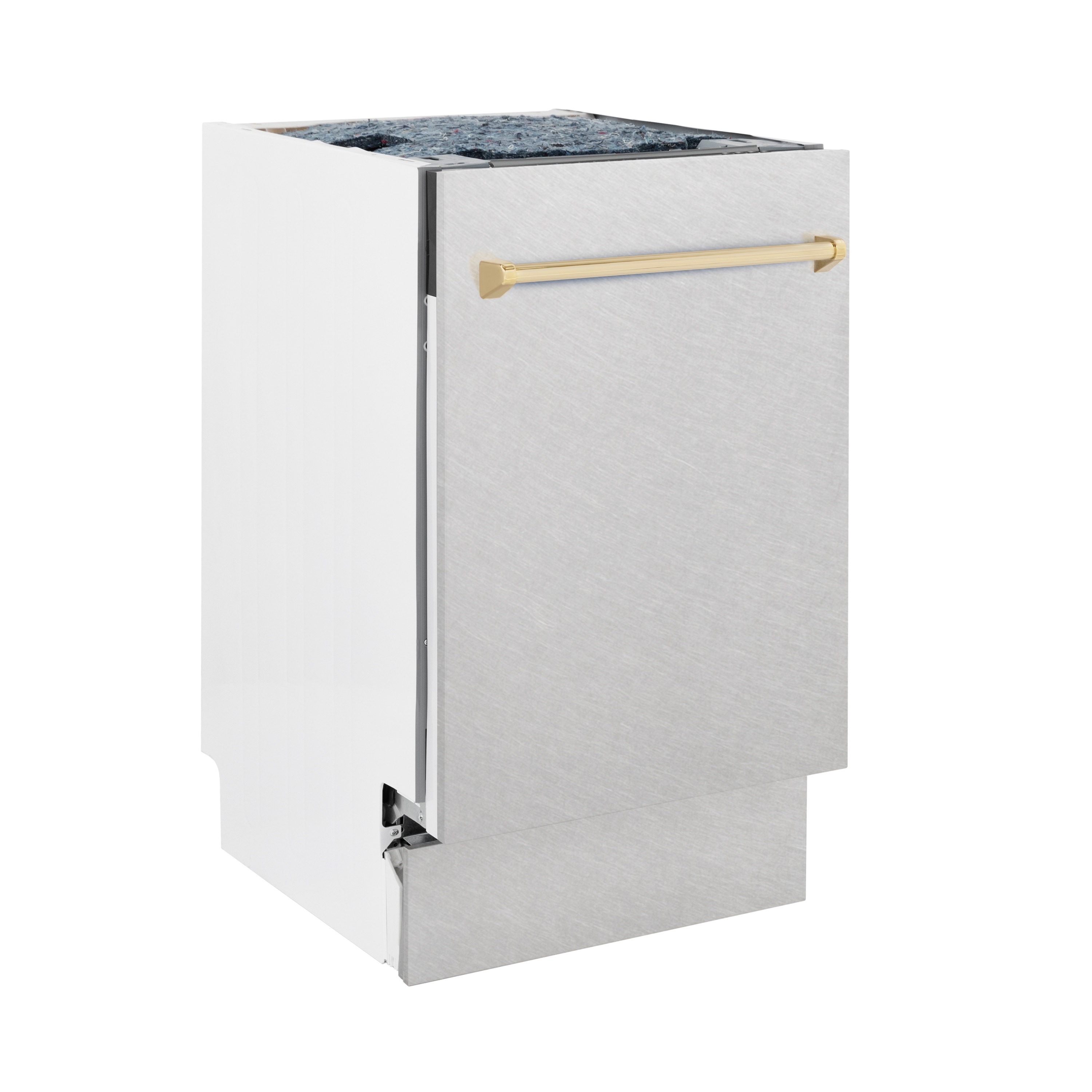 Lavavajillas empotrado de control superior de 18 pulgadas con tercera rejilla de la edición Autograph de ZLINE KITCHEN & BATH (Acero inoxidable resistente a las huellas dactilares con mango de oro pulido) ENERGY STAR, Nivel de sonido estándar de 51 decibelios DWVZ-SN-18-G