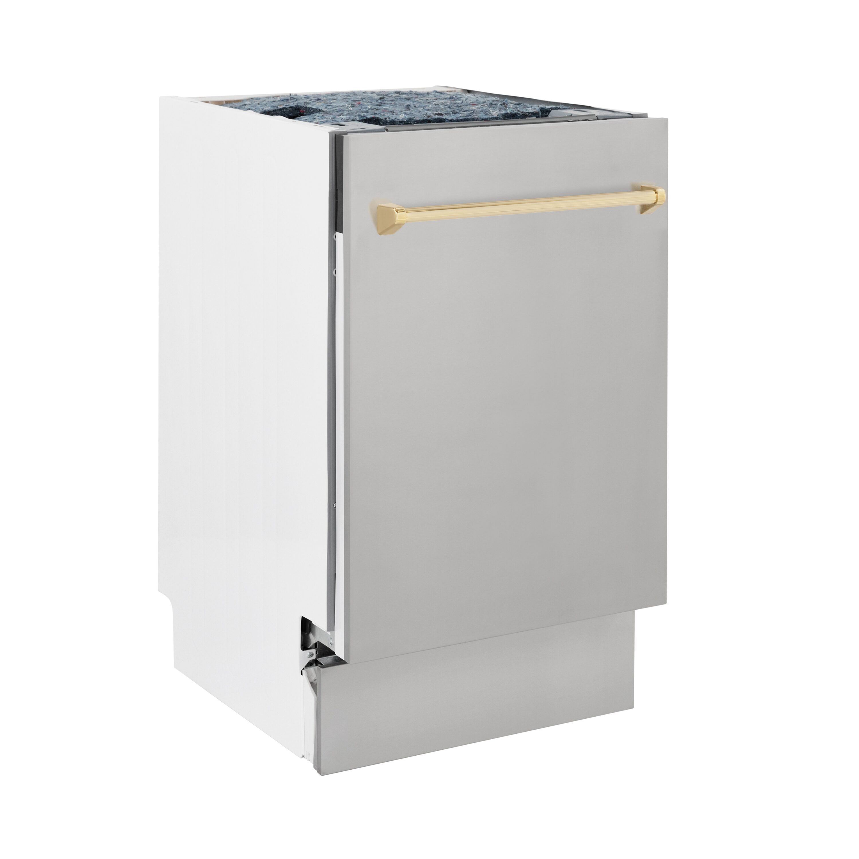 Lavavajillas integrable de control superior de 18 pulgadas de la Edición Autógrafa de ZLINE KITCHEN & BATH con Tercer Canasto (Tina de Acero Inoxidable con Panel de Acero Inoxidable y Mango Dorado Pulido), certificado ENERGY STAR, nivel de sonido estándar de 51 decibeles - DWVZ-304-18-G.