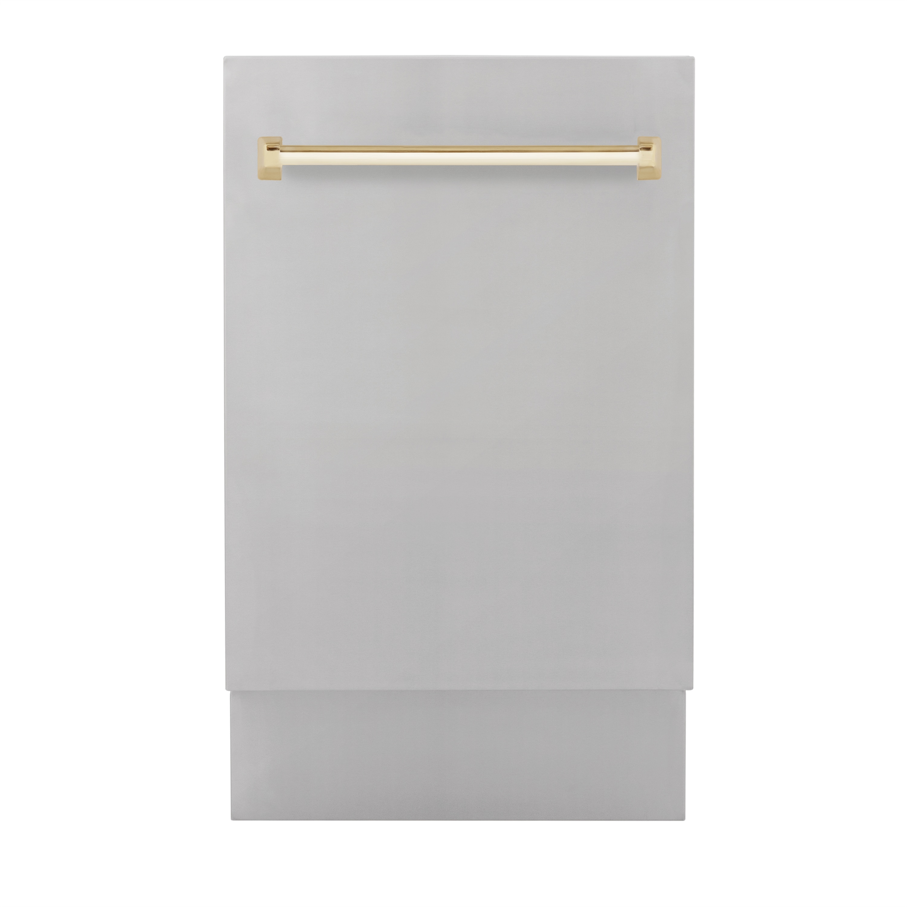 Lavavajillas integrable de control superior de 18 pulgadas de la Edición Autógrafa de ZLINE KITCHEN & BATH con Tercer Canasto (Tina de Acero Inoxidable con Panel de Acero Inoxidable y Mango Dorado Pulido), certificado ENERGY STAR, nivel de sonido estándar de 51 decibeles - DWVZ-304-18-G.