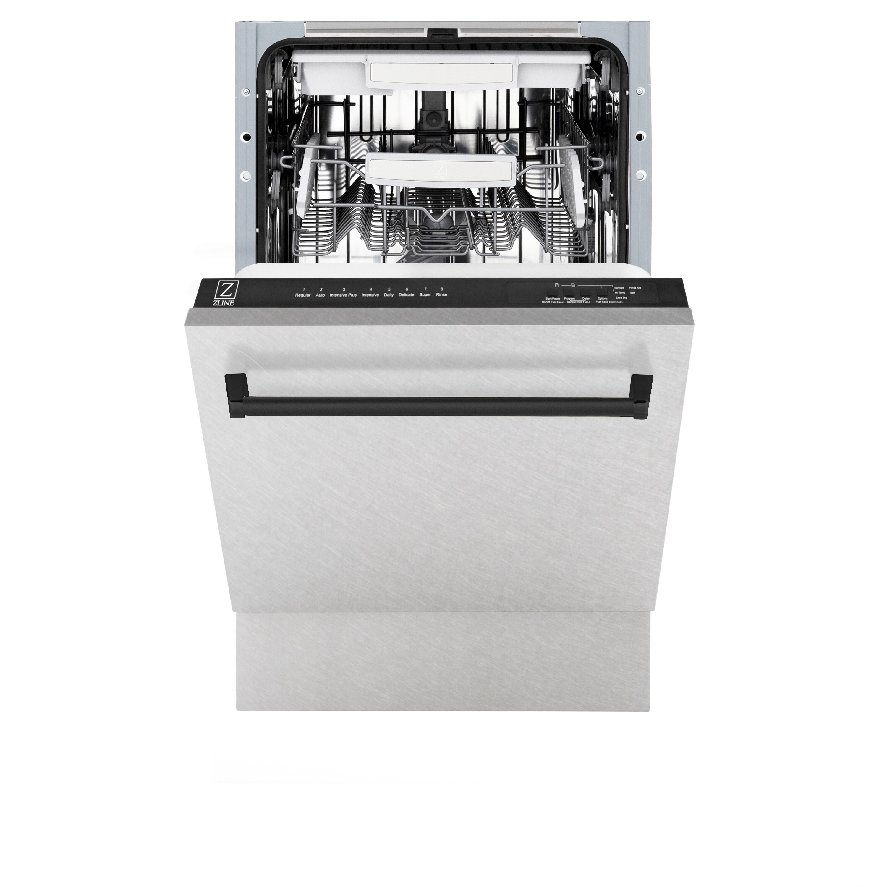 Lavavajillas empotrado con control superior de 18 pulgadas de la Edición Autógrafa de ZLINE KITCHEN & BATH con Tercer Estante (Acero inoxidable resistente a las huellas dactilares con mango negro mate) certificado ENERGY STAR, Nivel de sonido estándar de 51 decibeles DWVZ-SN-18-MB