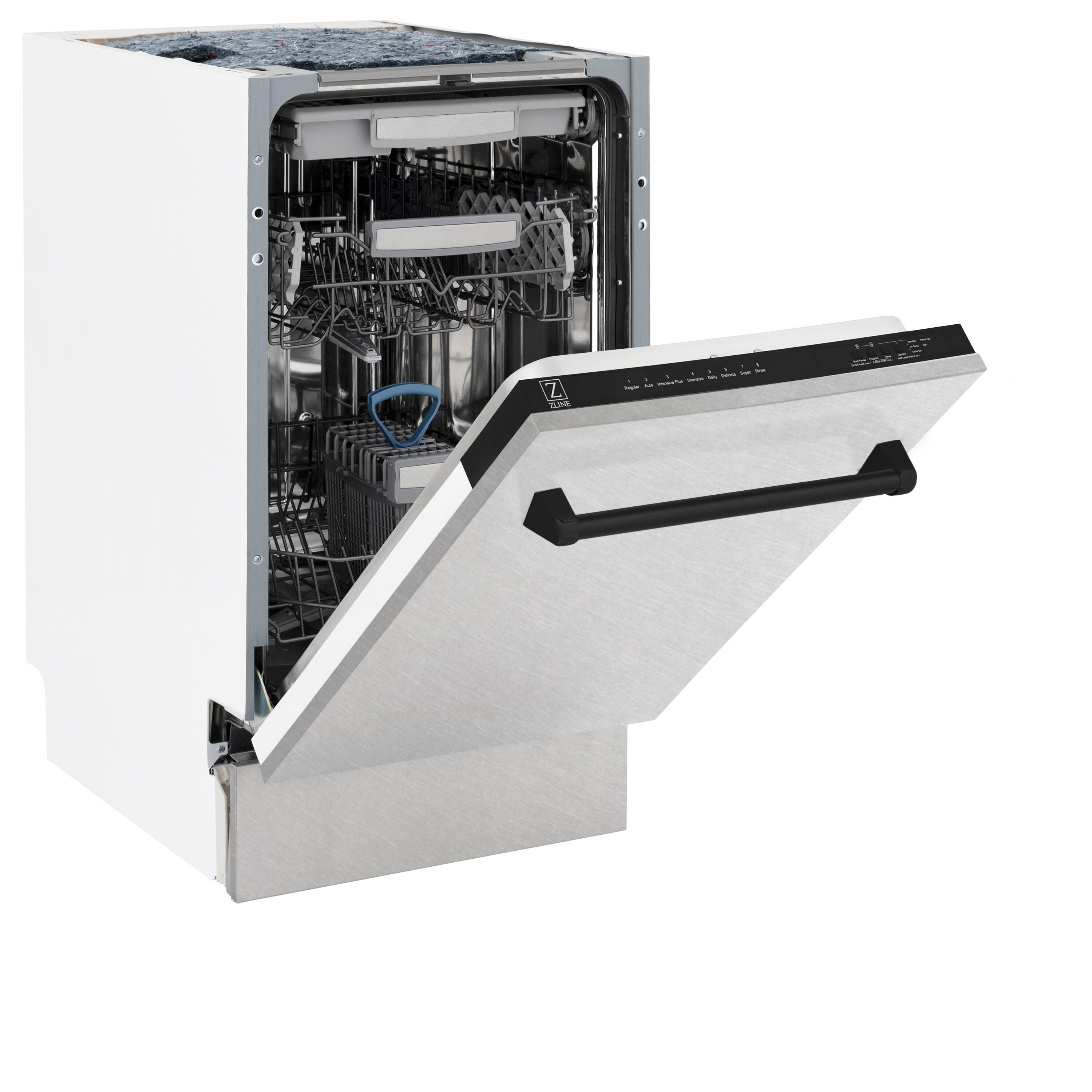 Lavavajillas empotrado con control superior de 18 pulgadas de la Edición Autógrafa de ZLINE KITCHEN & BATH con Tercer Estante (Acero inoxidable resistente a las huellas dactilares con mango negro mate) certificado ENERGY STAR, Nivel de sonido estándar de 51 decibeles DWVZ-SN-18-MB