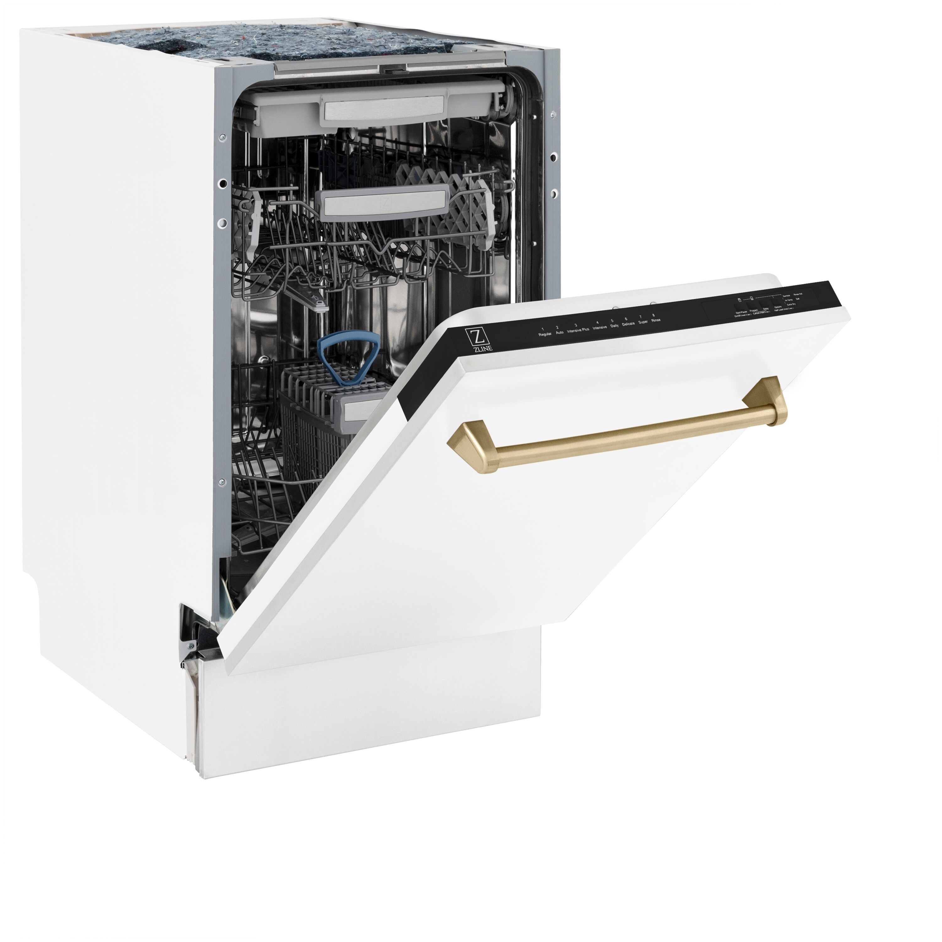 Lavavajillas Empotrado de Control Superior de 18 pulgadas de la Edición Autógrafa de ZLINE KITCHEN & BATH con Tercer Estante (Tina de Acero Inoxidable con Panel Blanco Mate y Mango en Bronce Champagne) con Certificación ENERGY STAR, Nivel de Sonido Estándar de 51 Decibeles DWVZ-WM-18-CB