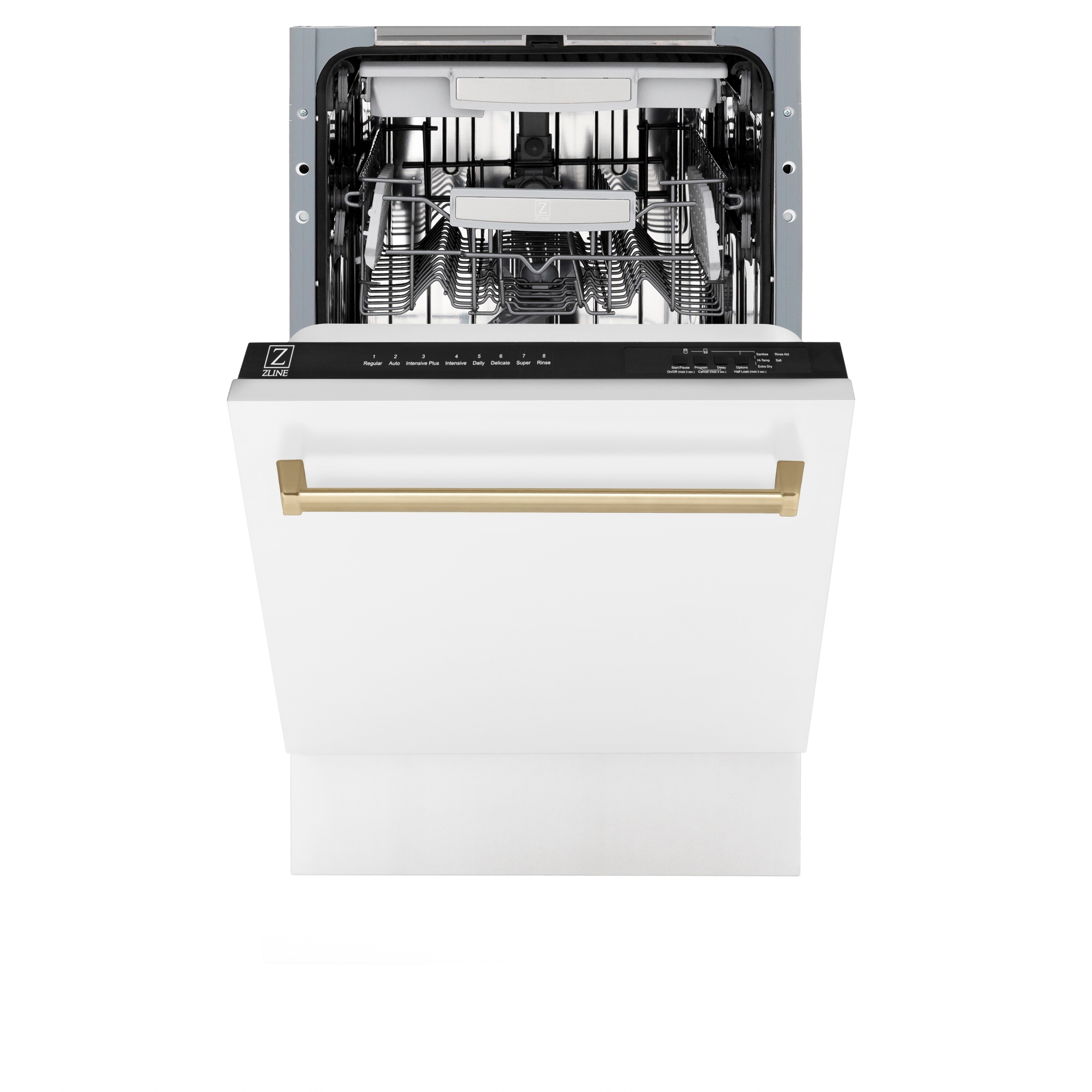 Lavavajillas Empotrado de Control Superior de 18 pulgadas de la Edición Autógrafa de ZLINE KITCHEN & BATH con Tercer Estante (Tina de Acero Inoxidable con Panel Blanco Mate y Mango en Bronce Champagne) con Certificación ENERGY STAR, Nivel de Sonido Estándar de 51 Decibeles DWVZ-WM-18-CB