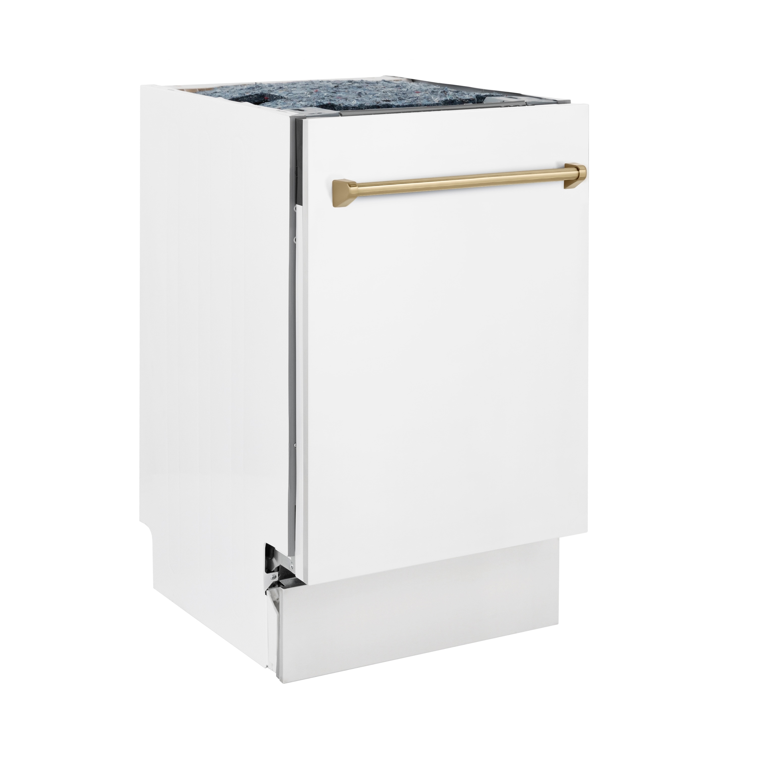 Lavavajillas Empotrado de Control Superior de 18 pulgadas de la Edición Autógrafa de ZLINE KITCHEN & BATH con Tercer Estante (Tina de Acero Inoxidable con Panel Blanco Mate y Mango en Bronce Champagne) con Certificación ENERGY STAR, Nivel de Sonido Estándar de 51 Decibeles DWVZ-WM-18-CB